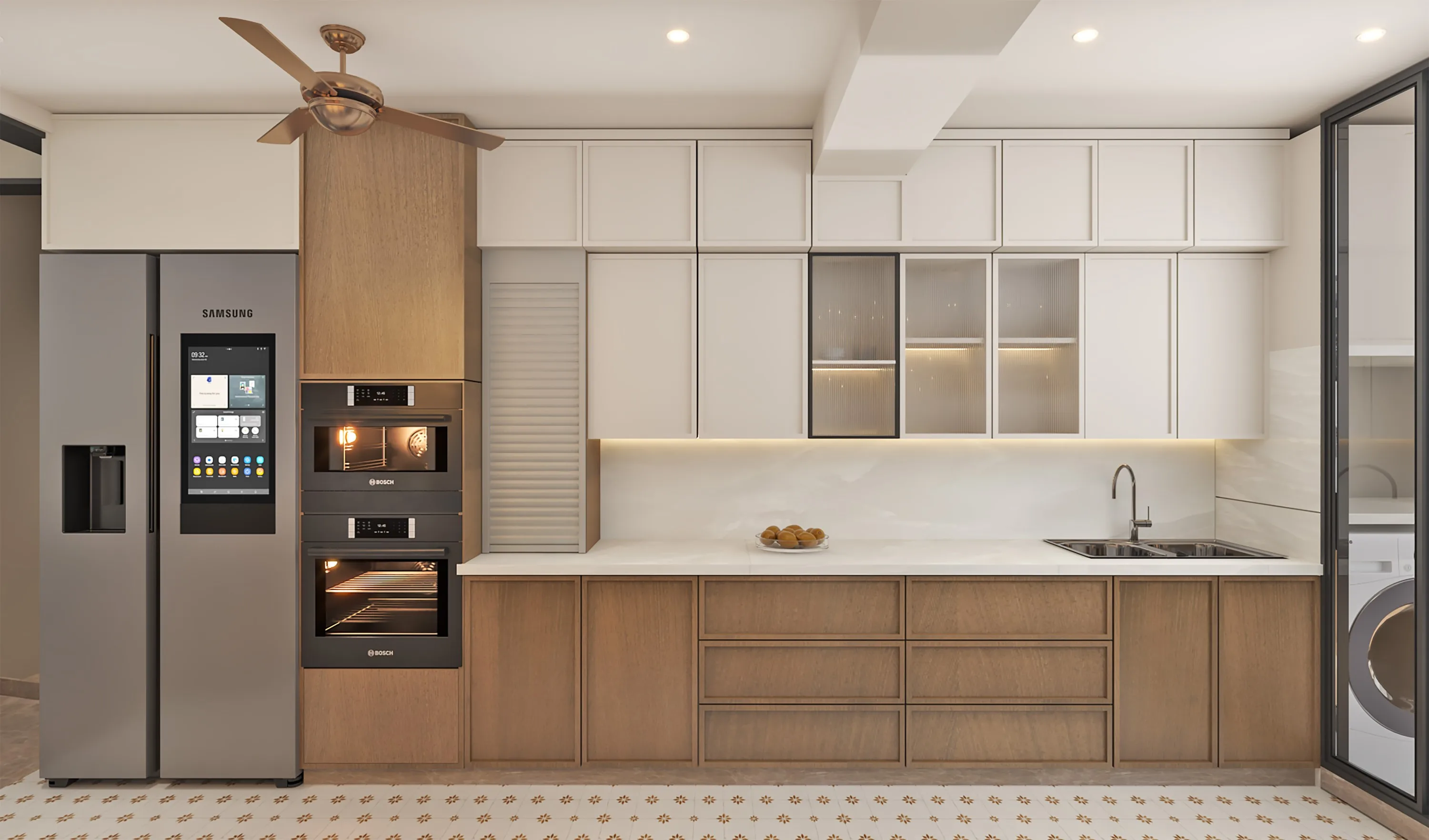 Kitchen with a panelled oak-and-white run of cabinetry and a smart fridge-freezer