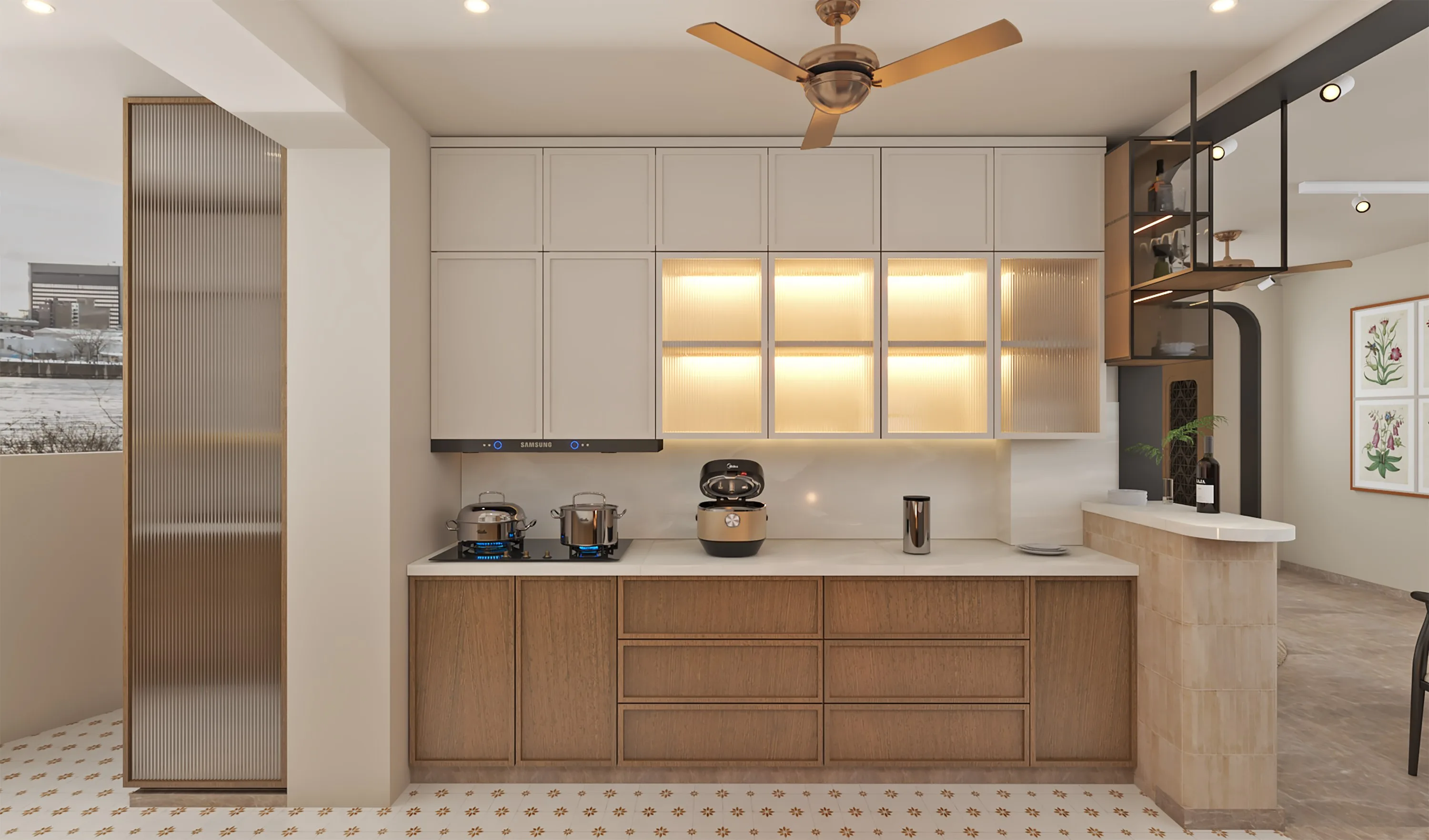 Kitchen with a backlit glass-fronted cabinet run above an oak breakfast counter