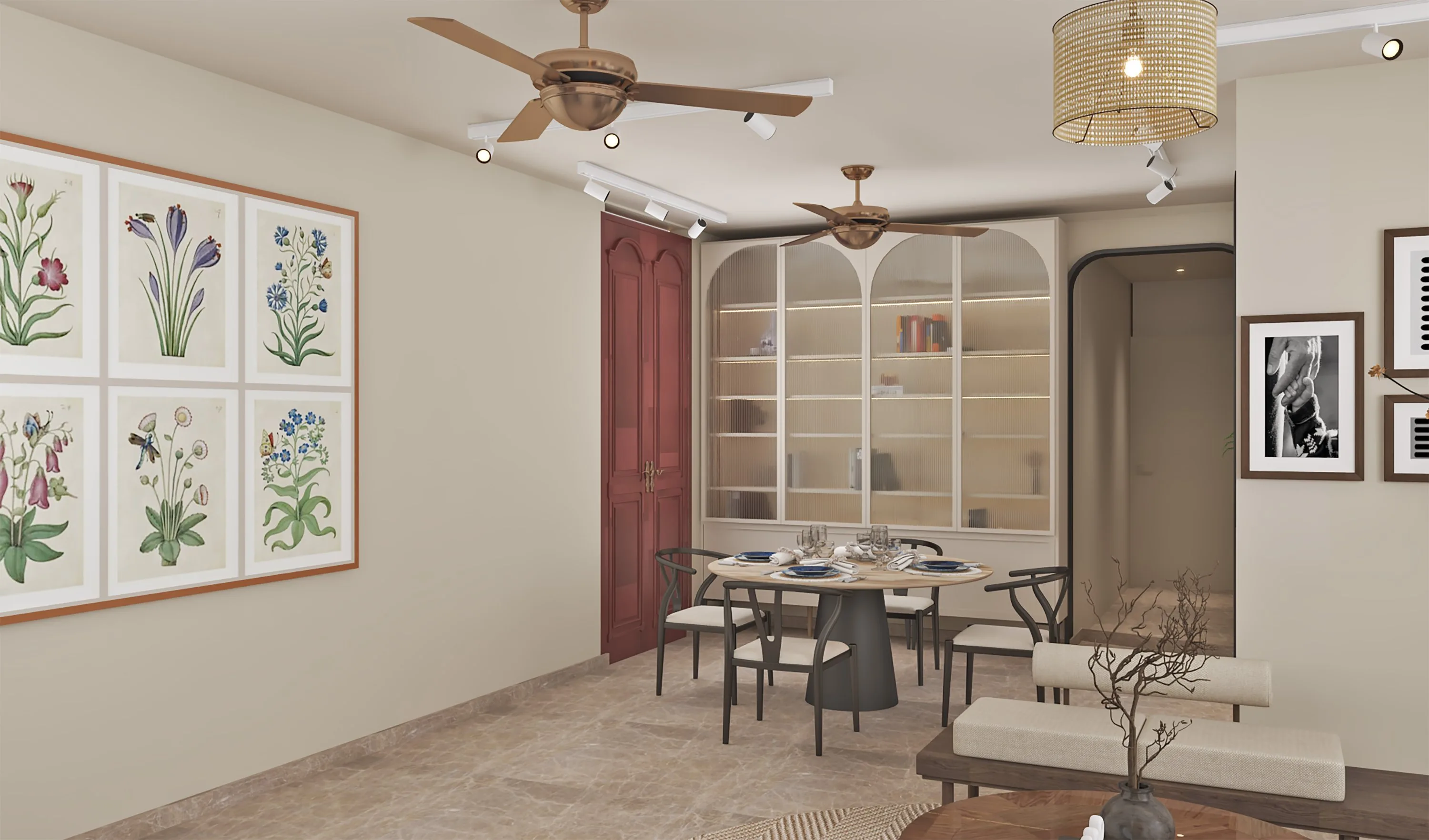 Dining area with a round table beneath a rattan pendant and a wall of framed botanical prints