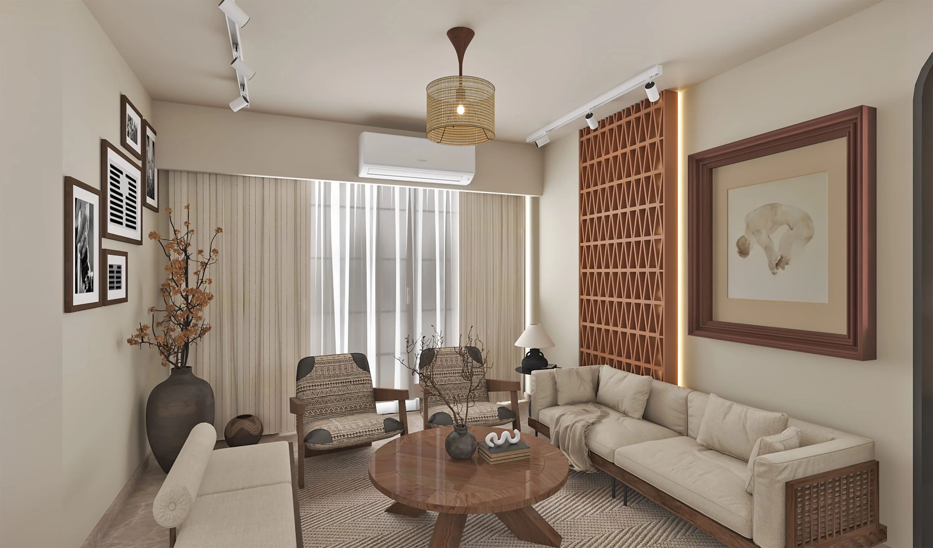 Living room with a terracotta lattice feature wall and a gallery of framed prints