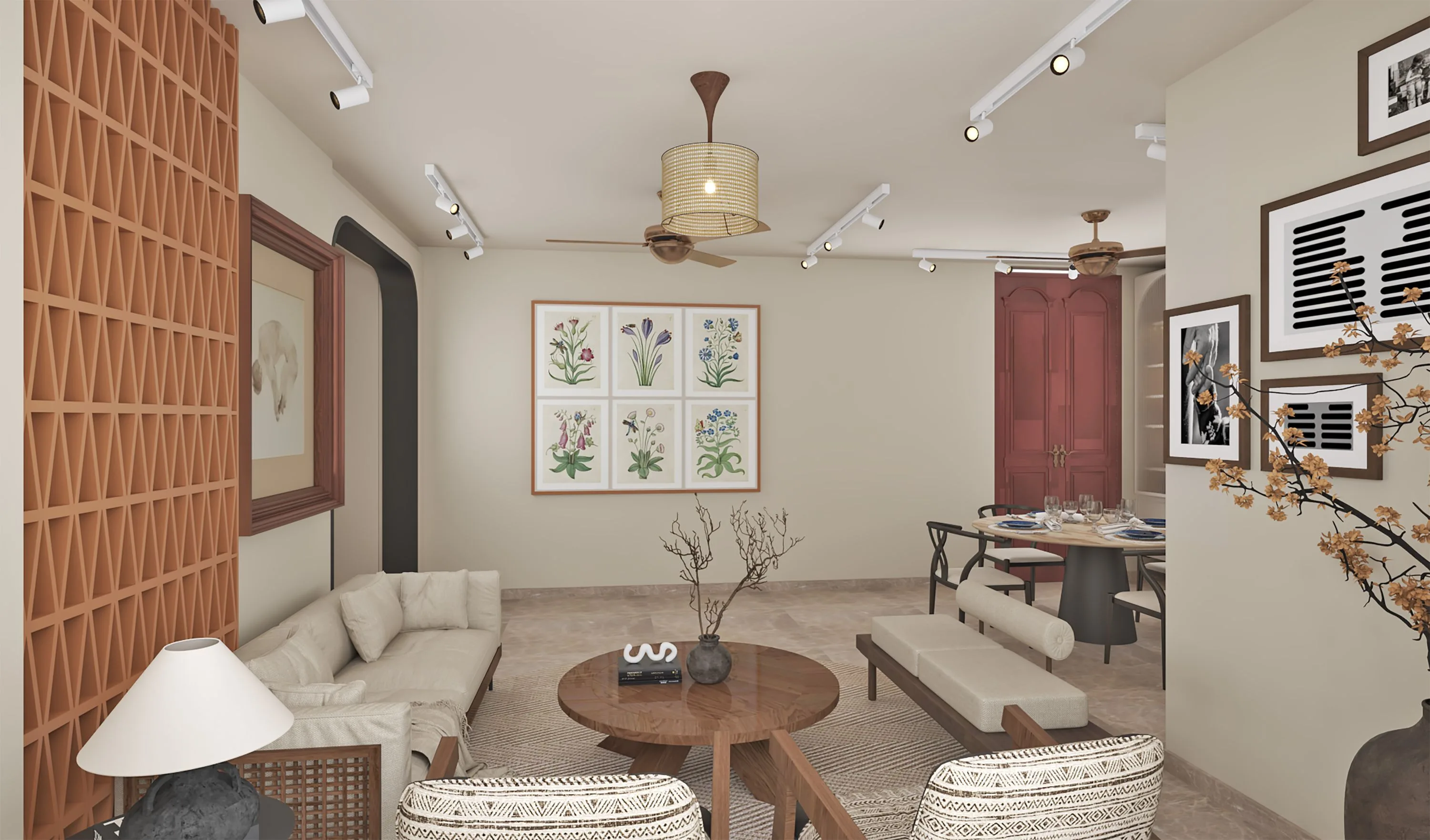 Living room with a terracotta lattice screen, a cream sofa and a round timber coffee table
