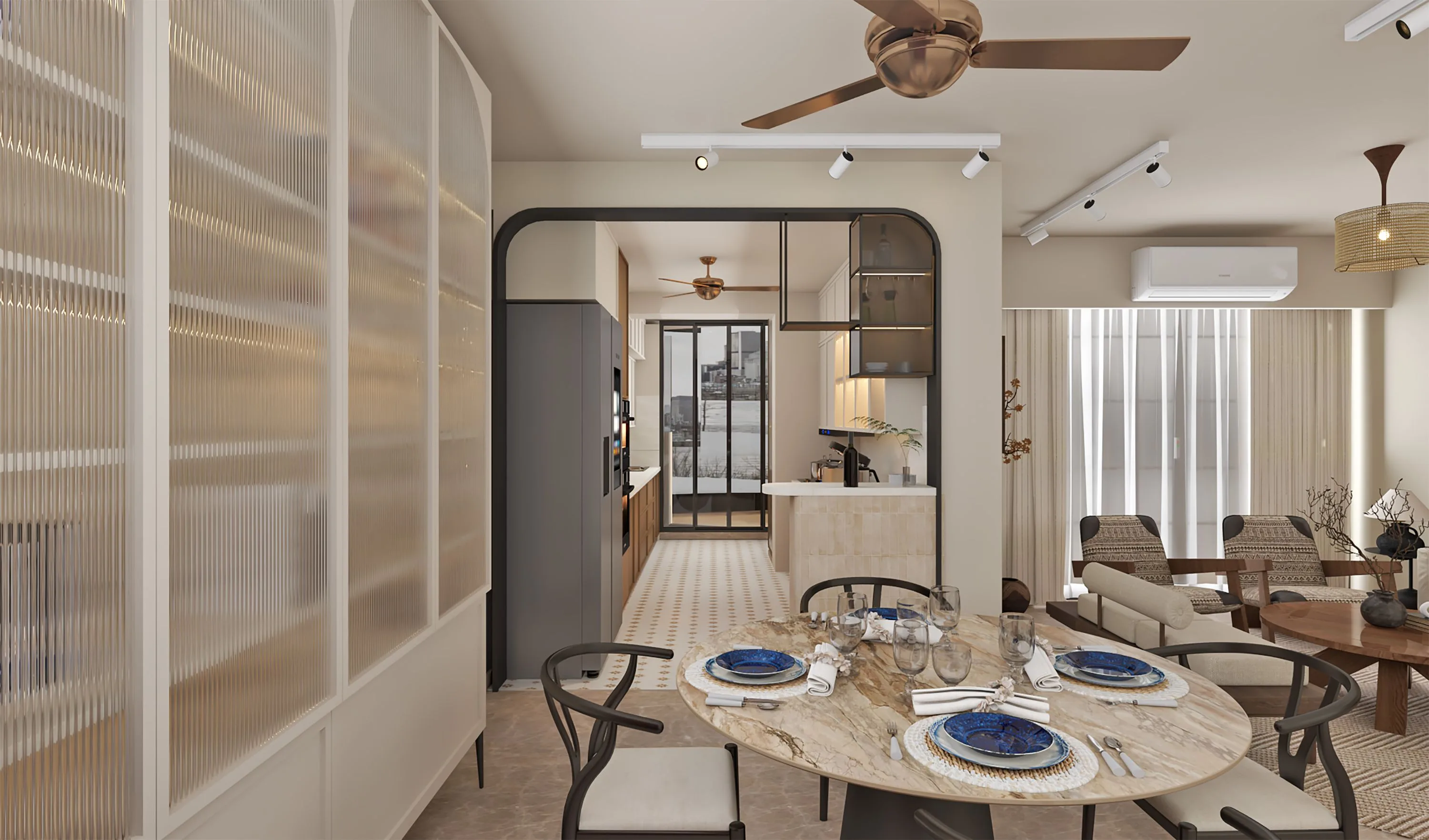 Dining table set for four beside a fluted-glass partition, with an arched doorway beyond