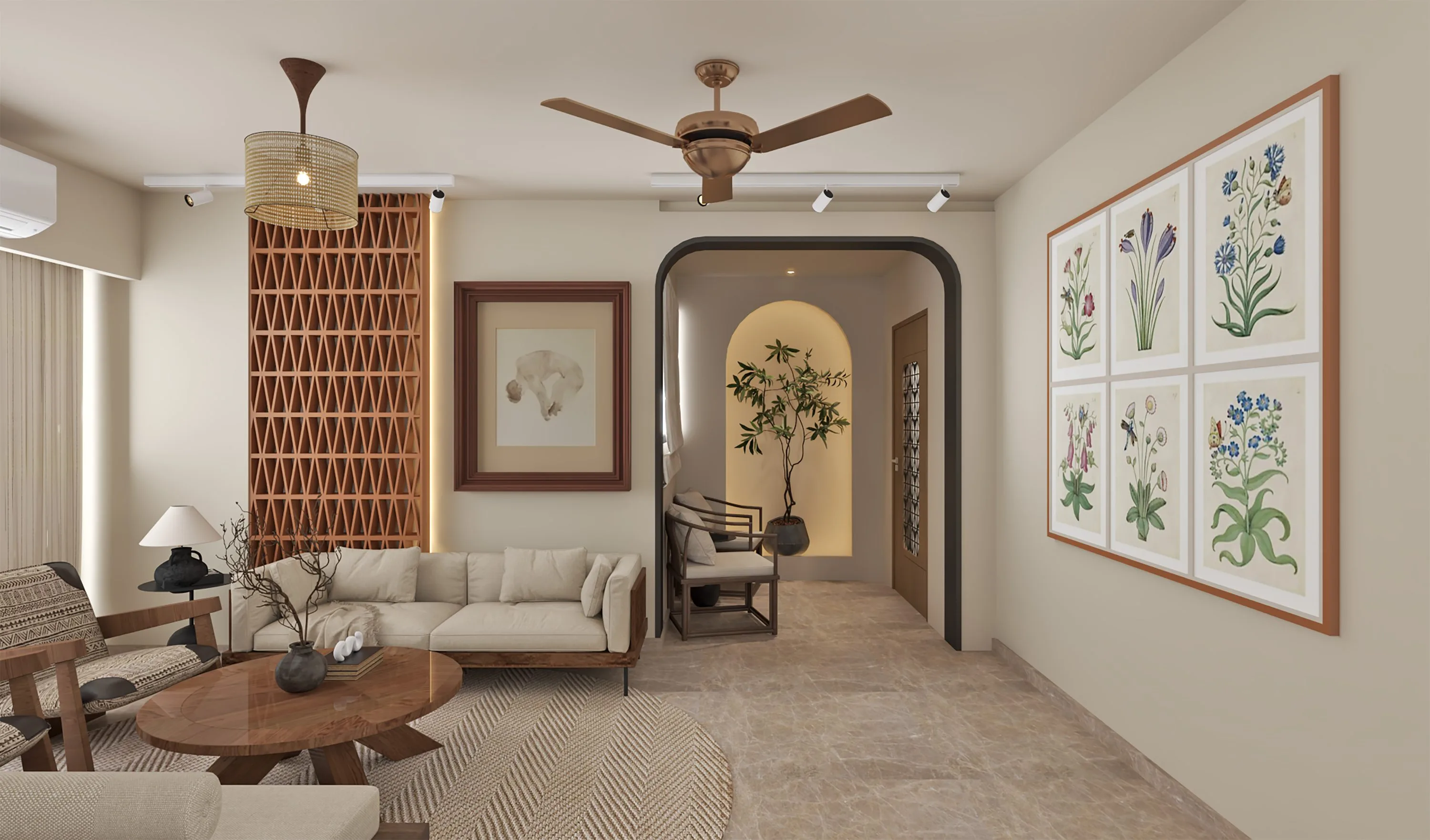 Living room looking toward an arched passage, with botanical prints above a slim console