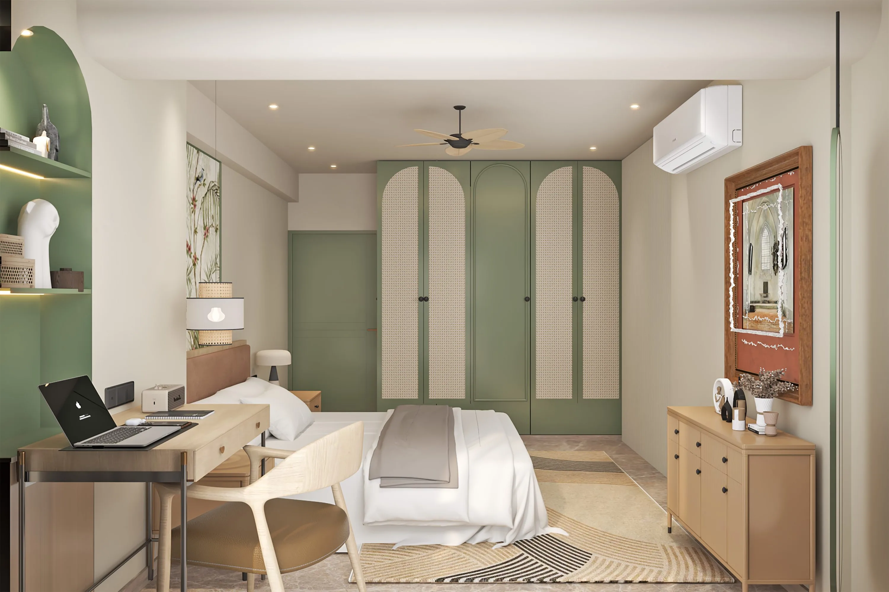 Bedroom and study corner in sage green, with an arched cane-panelled wardrobe