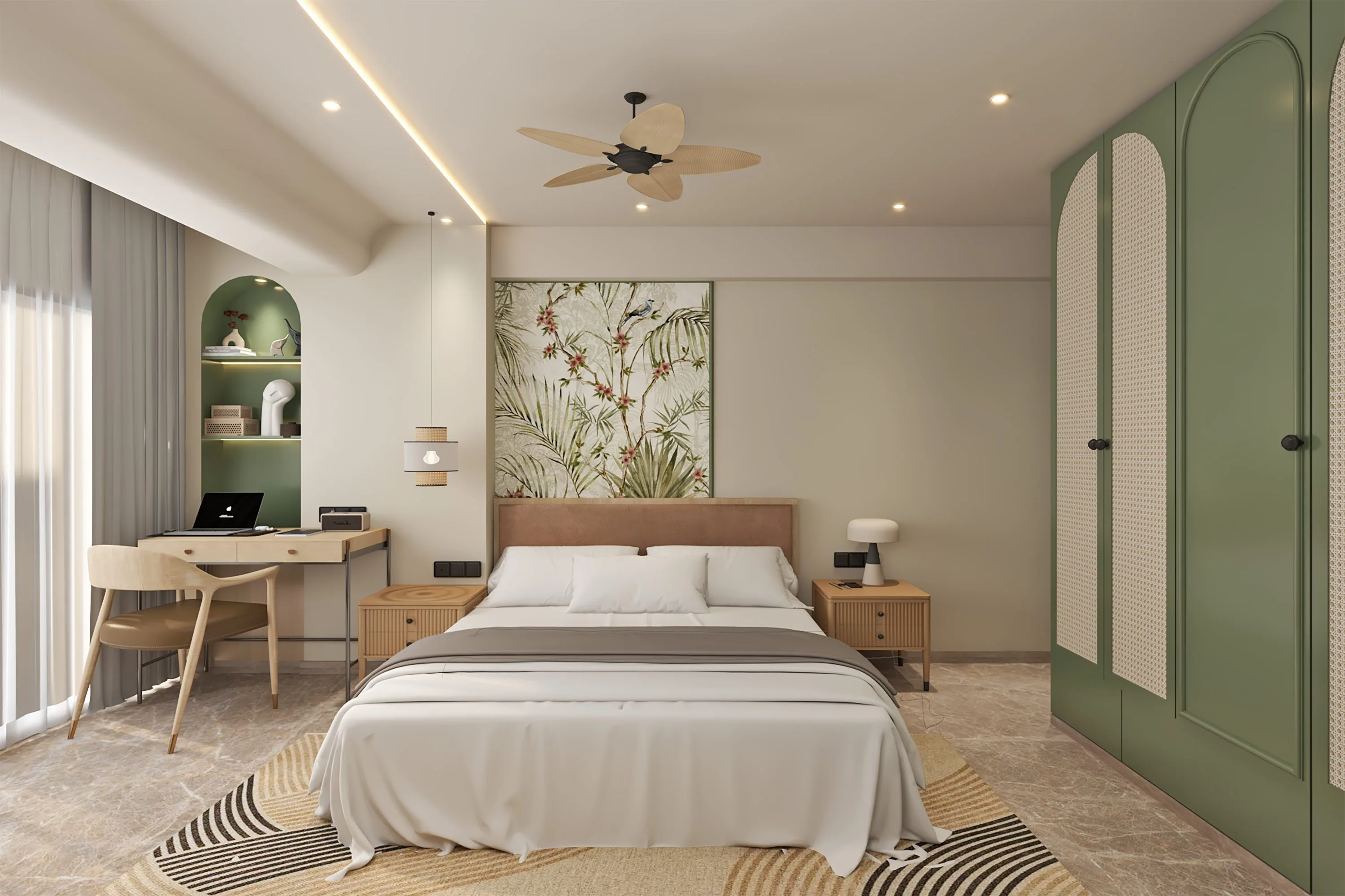 Bedroom in sage green, with arched cane-panelled wardrobes and a botanical print above the bed
