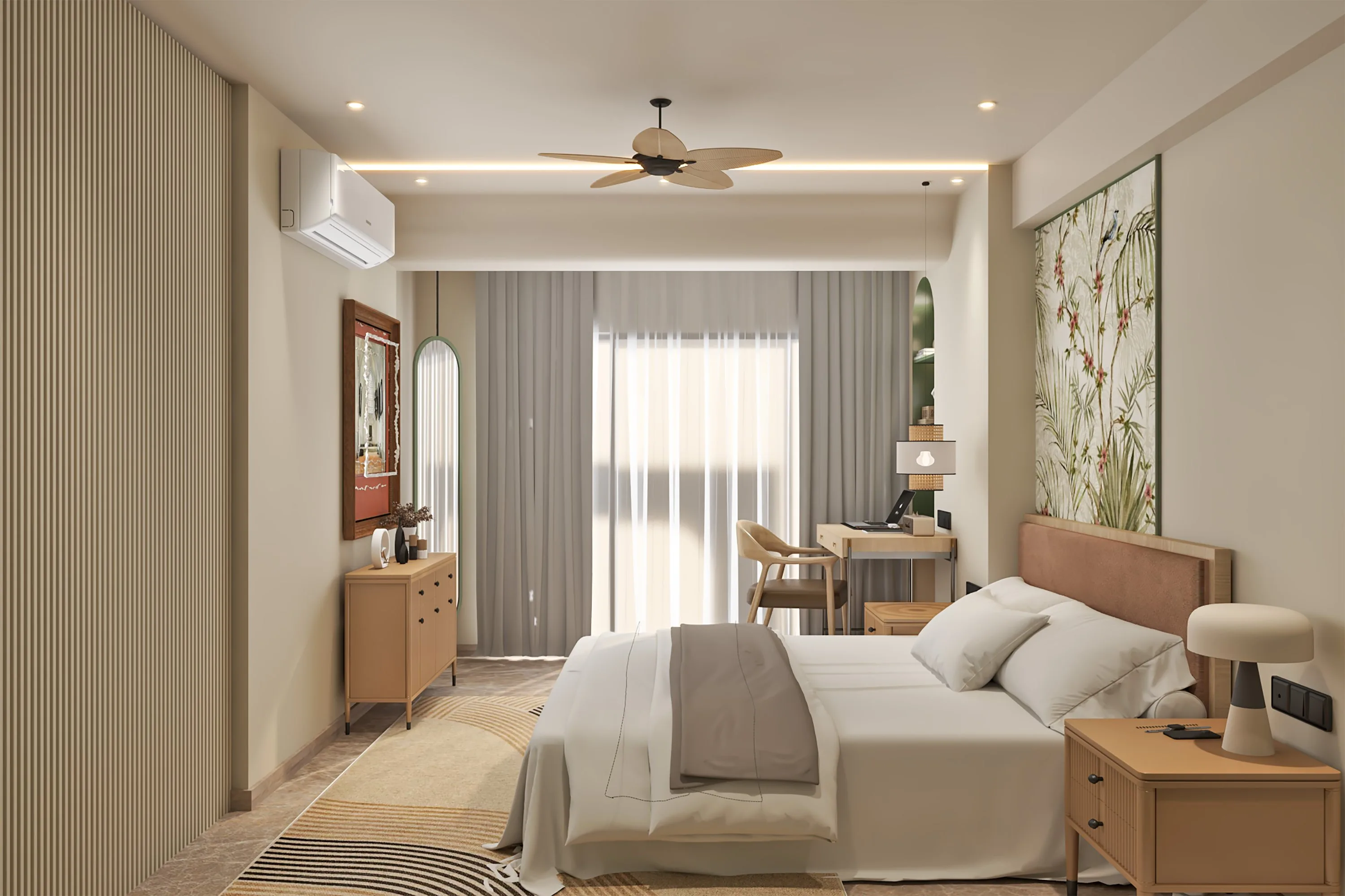 Bedroom with a timber-slatted wall, a sheer-curtained window and a pair of oak bedside tables