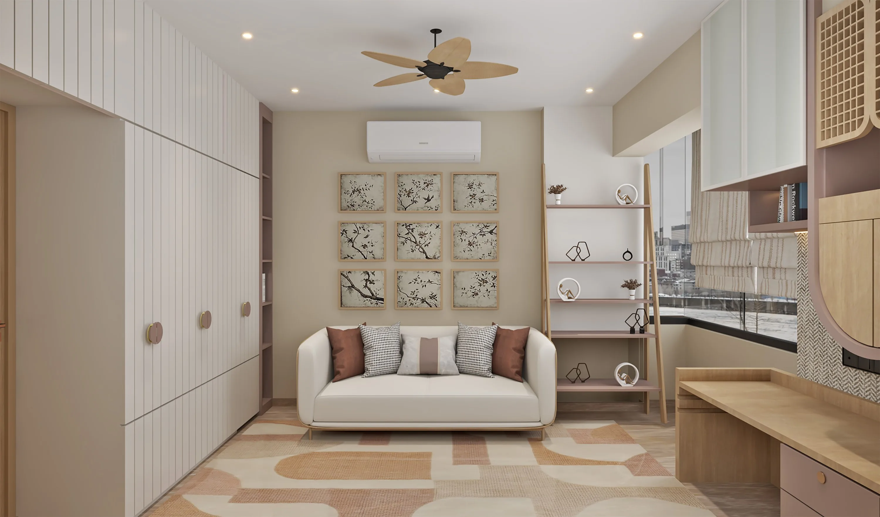 Study room with a cream sofa beneath a grid of framed panels, tall white wardrobes and a built-in desk