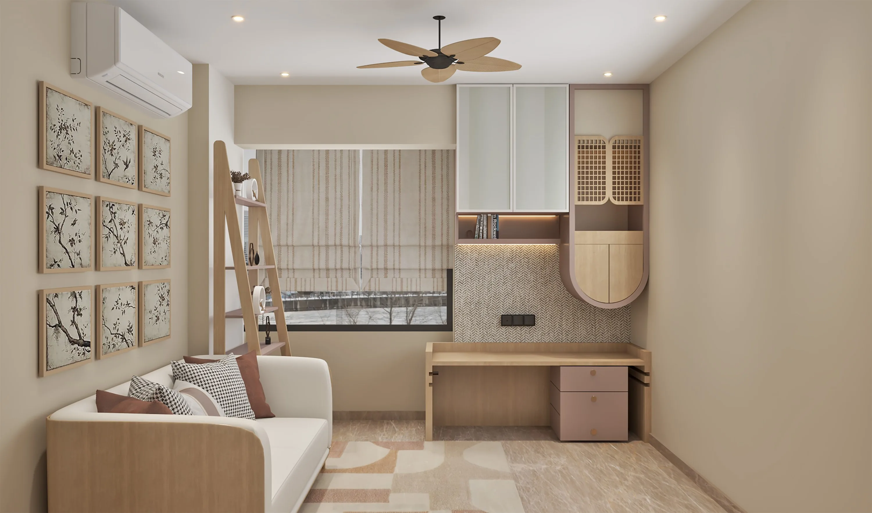 Study room with a desk and arched shelving under the window, beside a cream sofa and a timber ladder