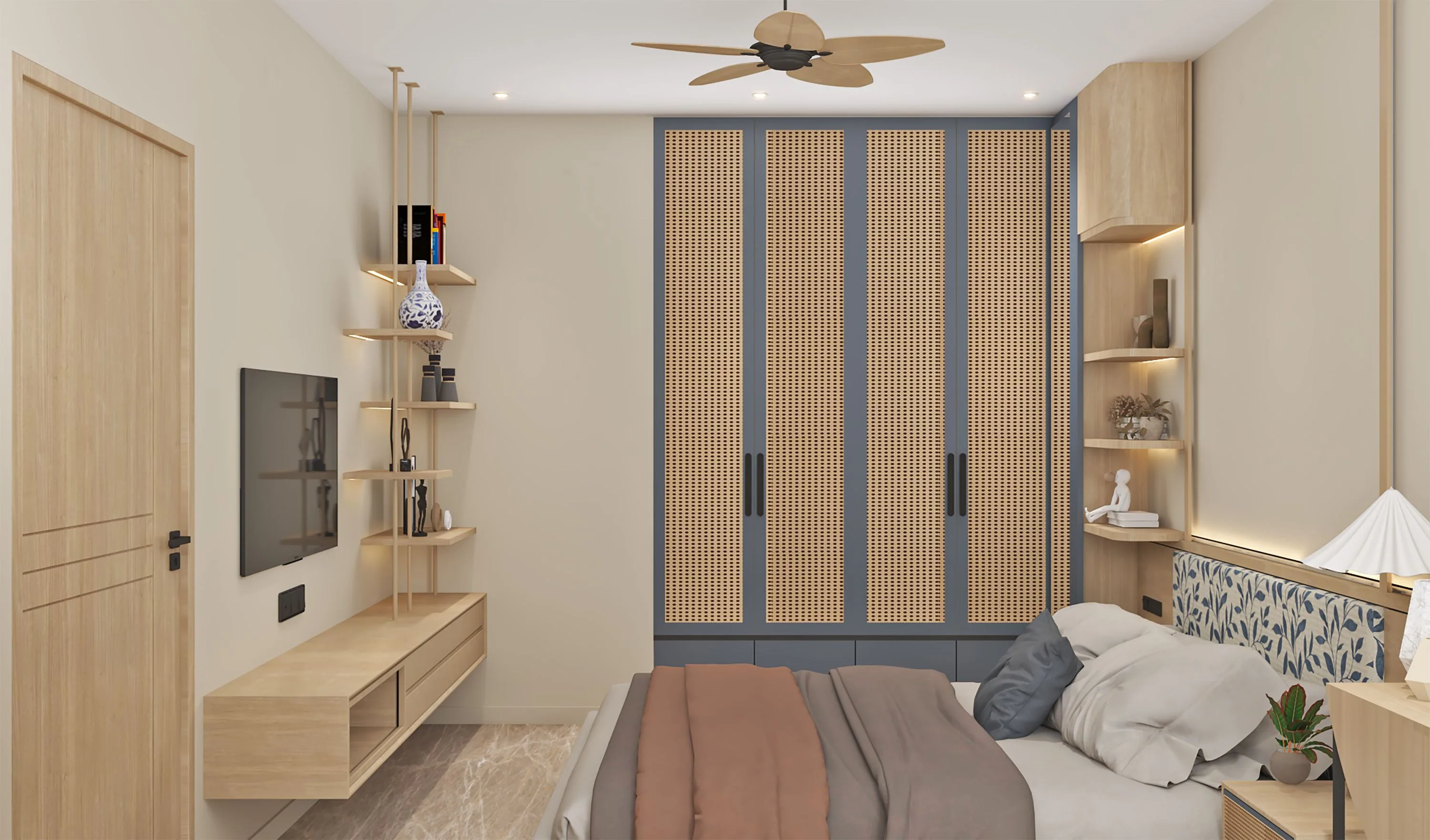 Bedroom with an oak-and-slate wardrobe wall, floating shelves and a wall-mounted television