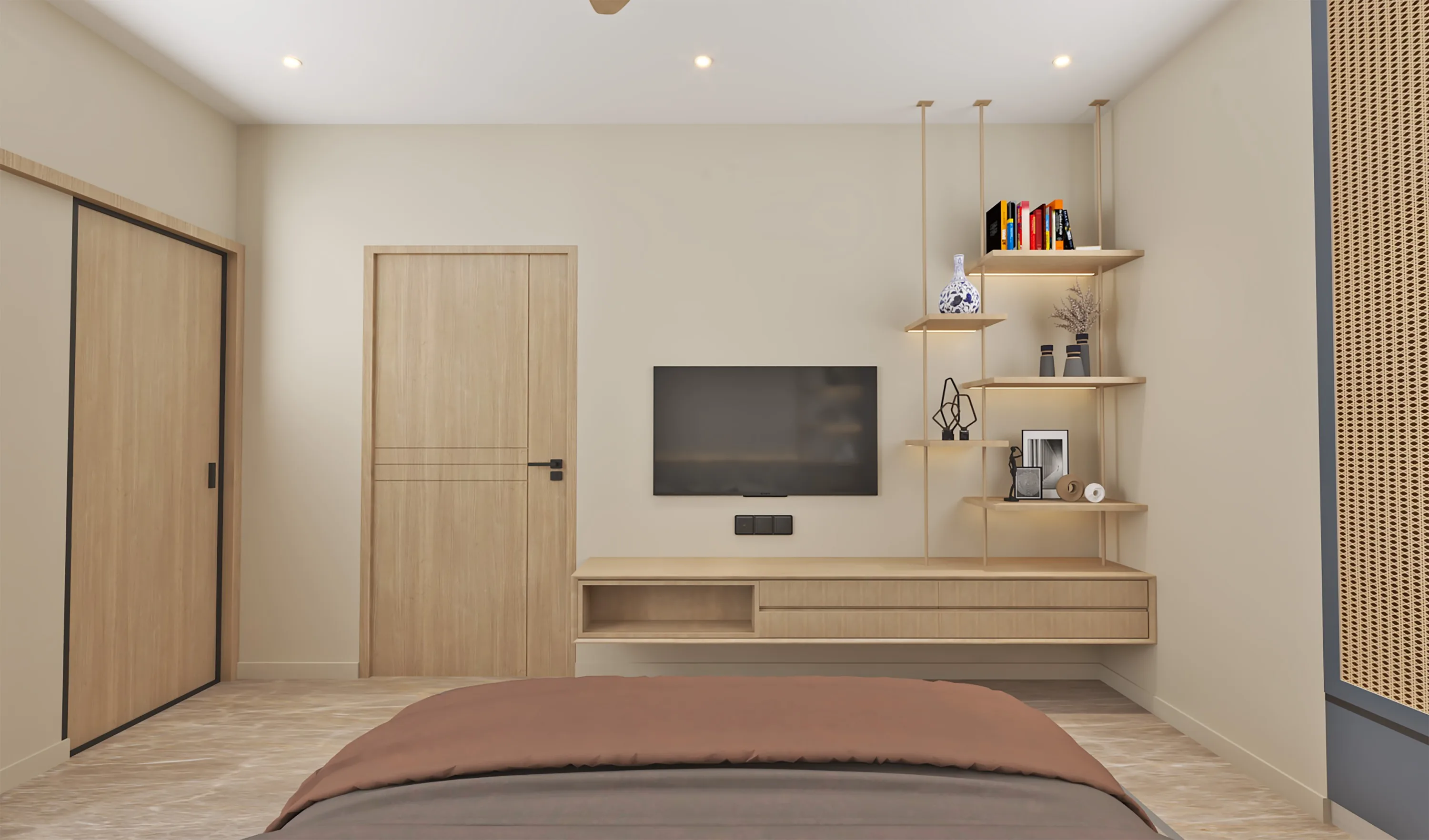 Bedroom with a hanging timber shelf ladder beside the television wall