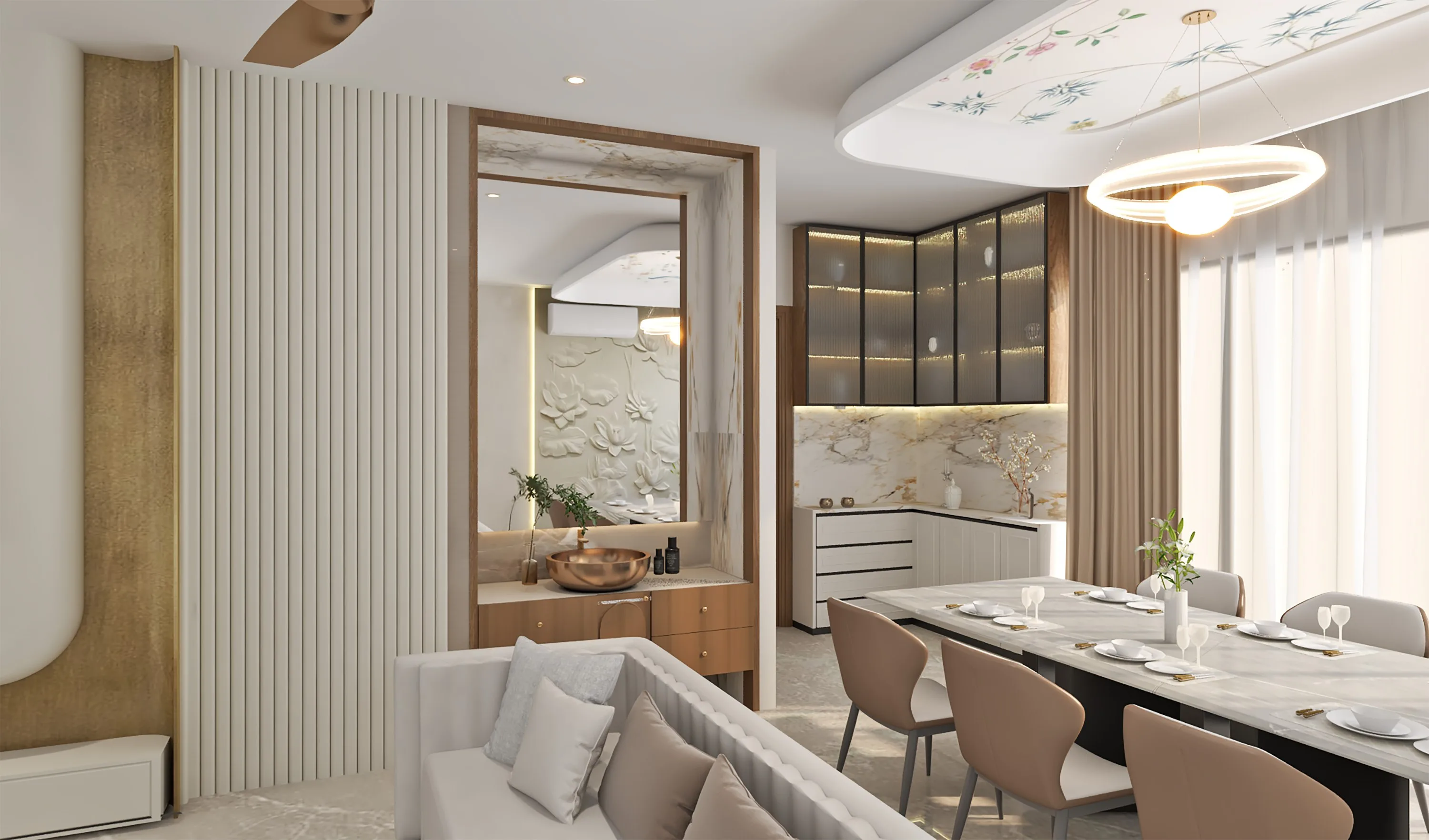 Dining table beside a fluted panel wall and a glass-fronted crockery unit with a marble backsplash