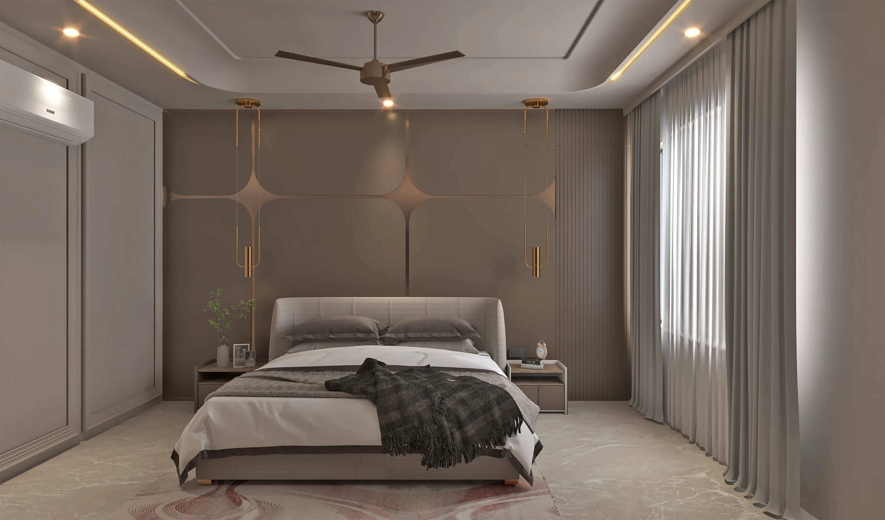 Primary bedroom with a brown panelled headboard wall inlaid with brass lines and hanging pendants