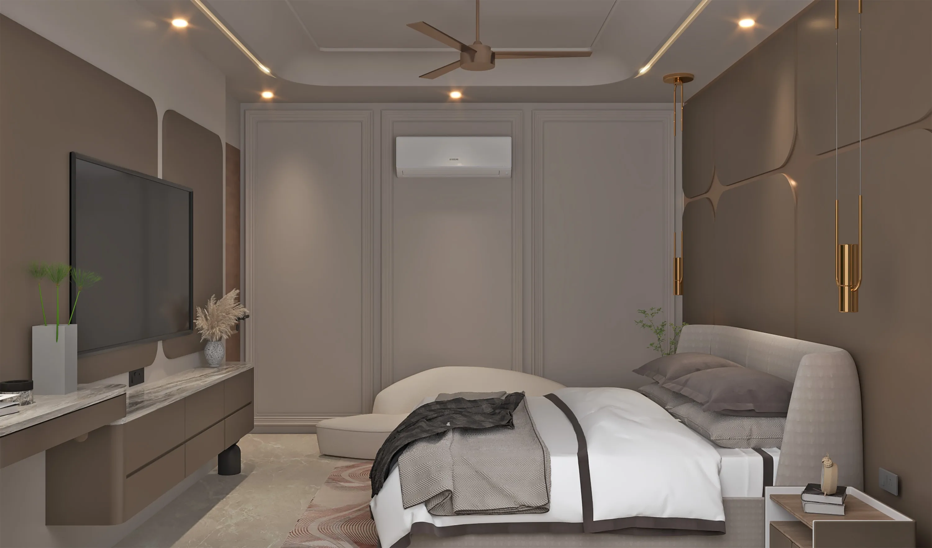 Bedroom with a sculptural textured headboard wall in warm brown and brass wall lights