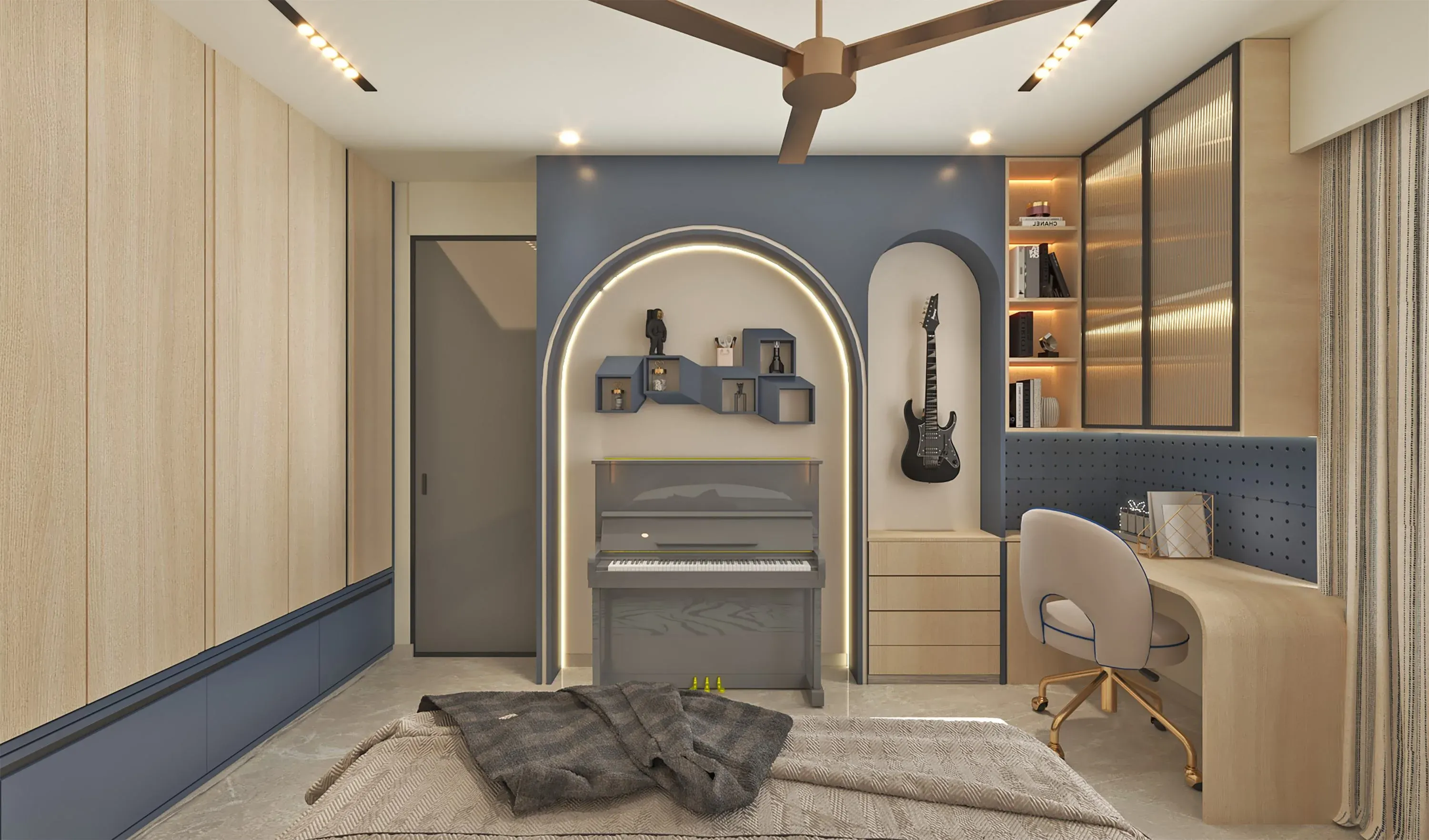 Study corner with a blue arched niche, an upright piano and a guitar on display