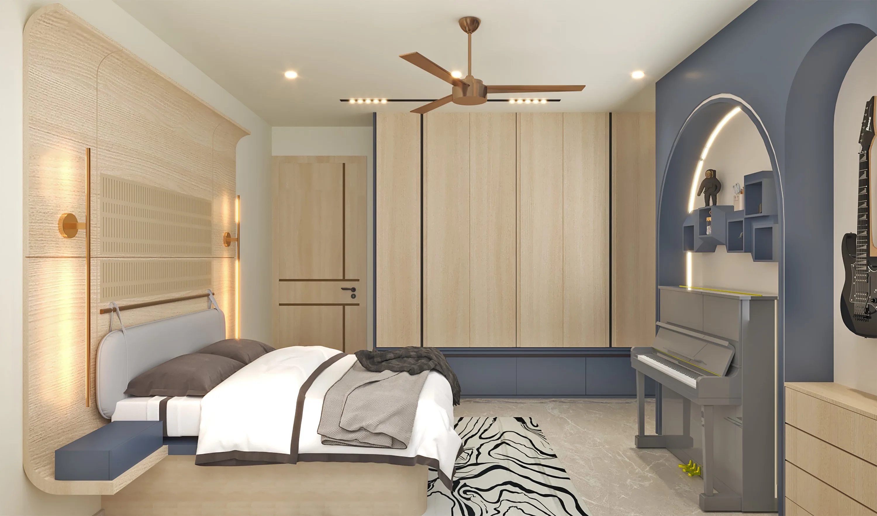 Bedroom with an oak headboard wall, a zebra-print rug and a piano set in a blue arched niche