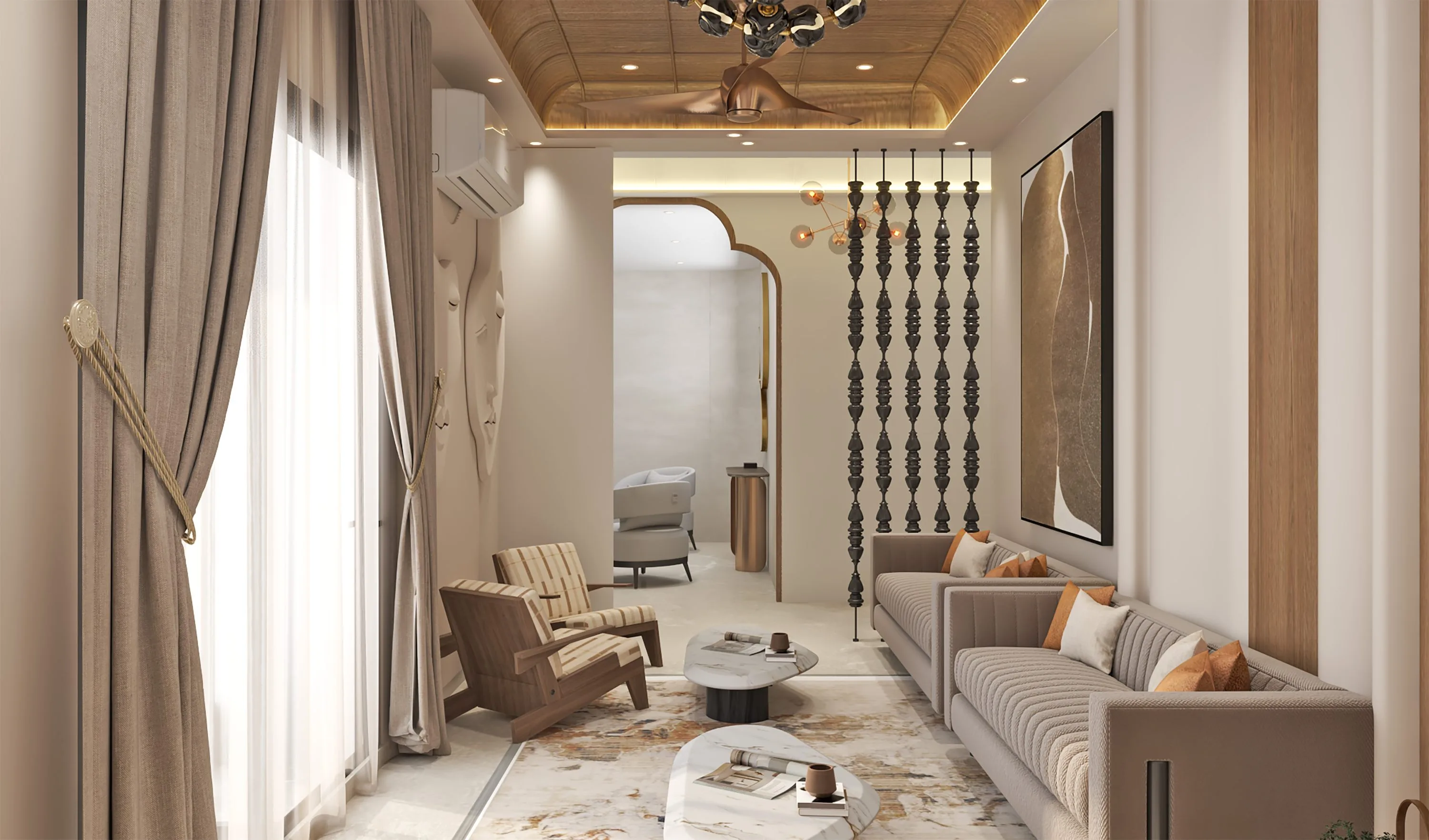 Living room seen from the entrance, with a turned-wood screen, relief faces and a long sofa beside the window
