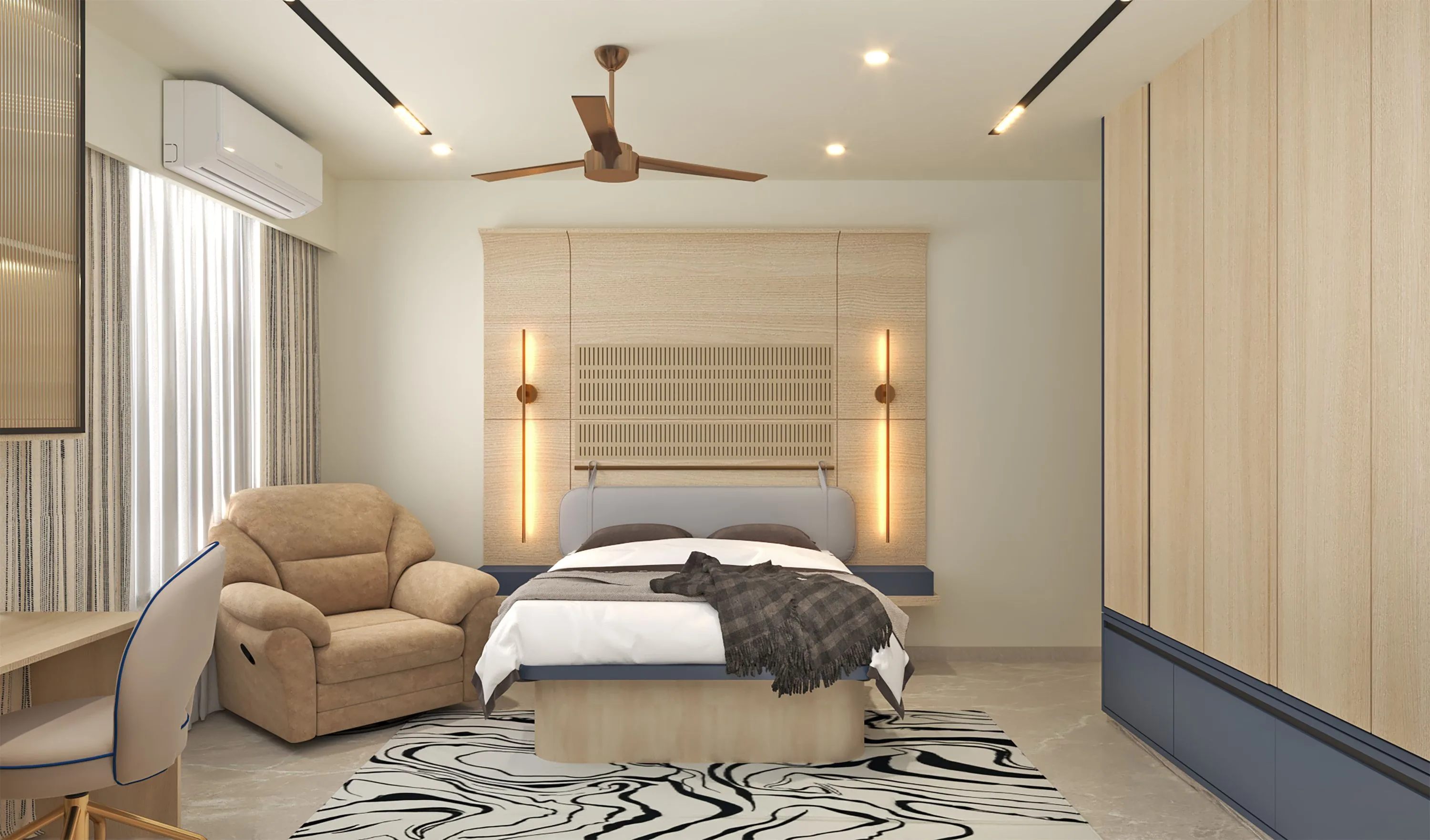 Bedroom with a fluted oak headboard wall, wall sconces and a floating bench