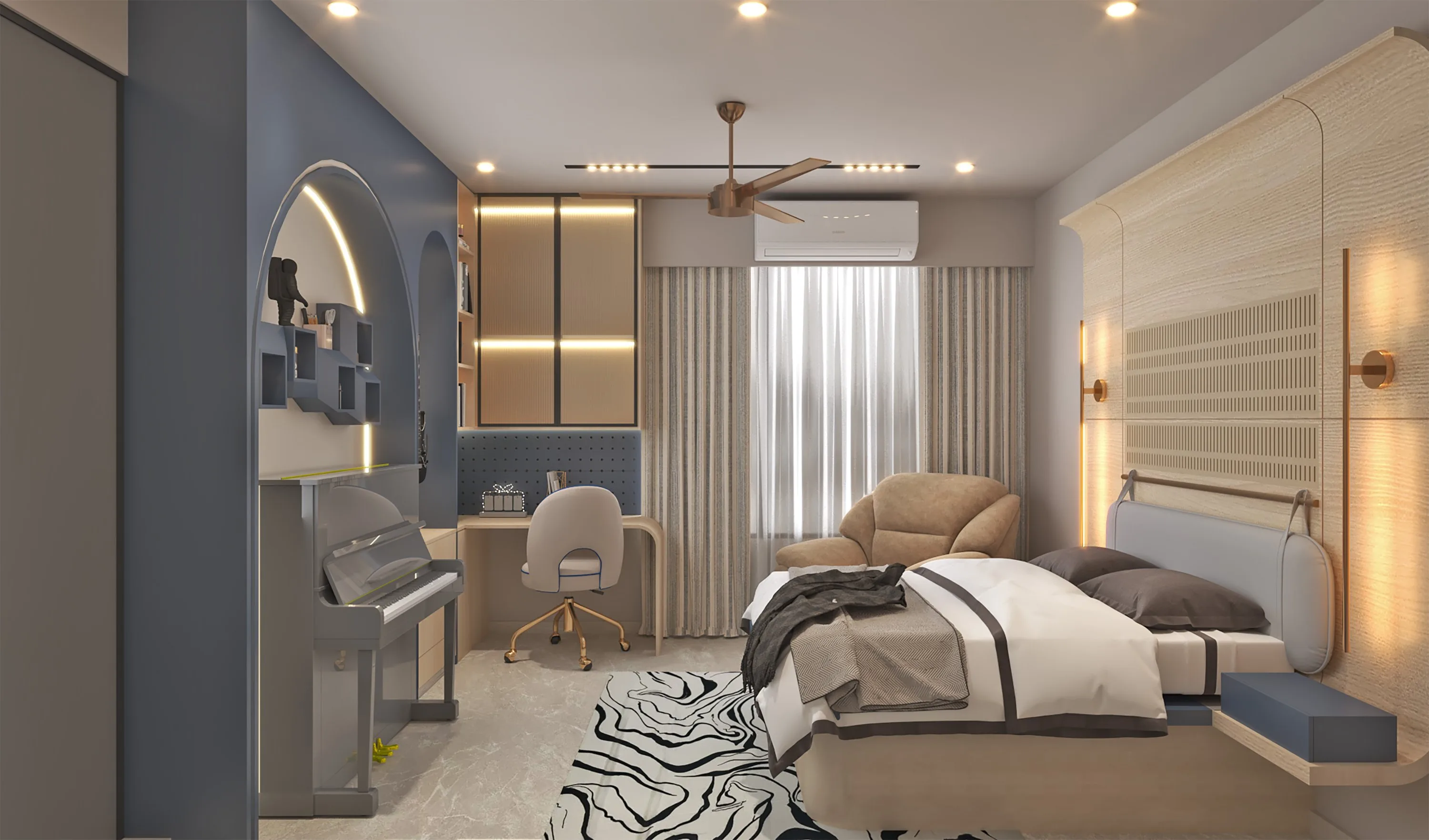 Bedroom seen from the window corner: piano niche, study desk and a lounge chair by the bed