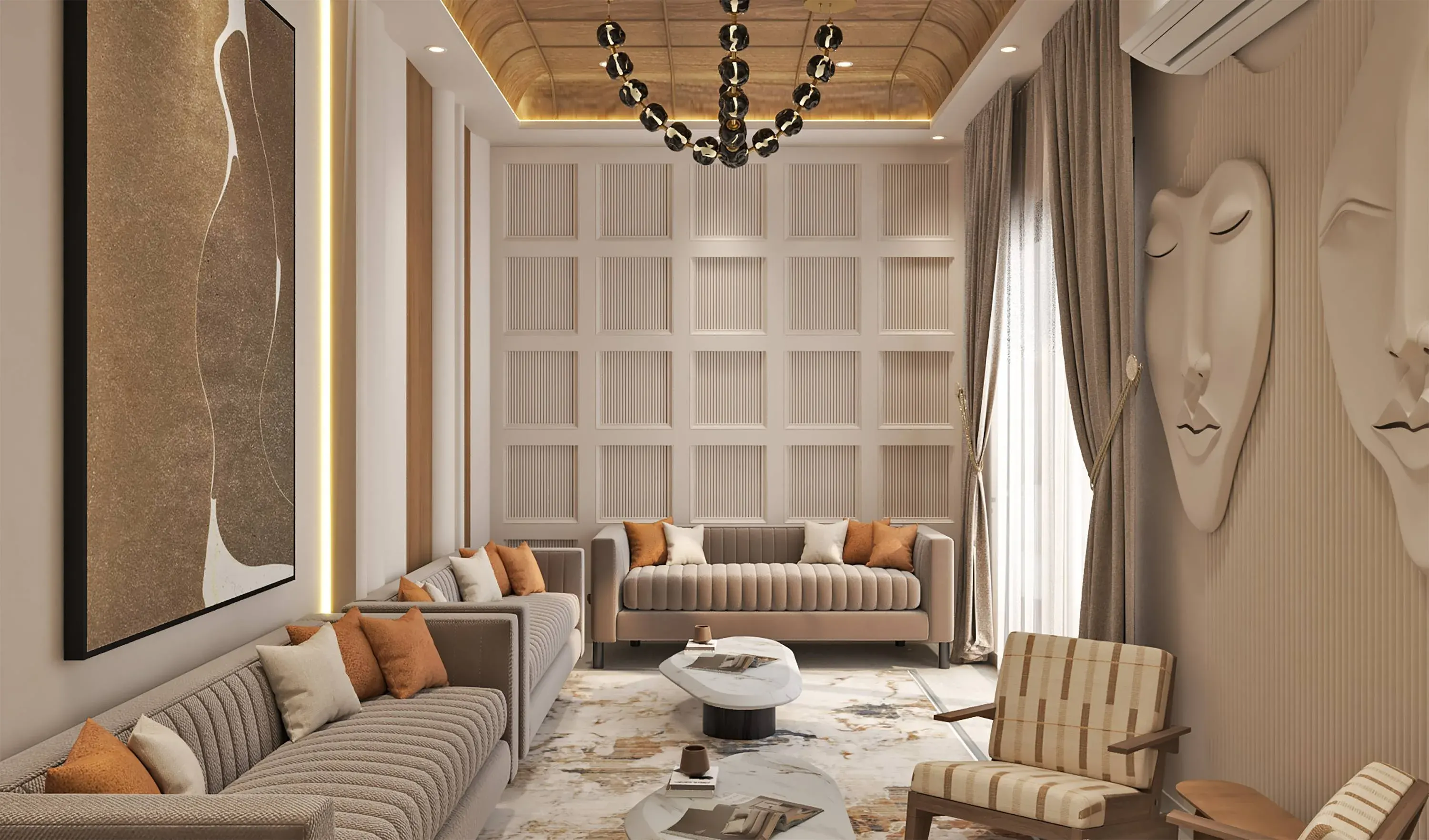 Living room with a carved turned-wood screen, sculptural relief faces and layered sofas