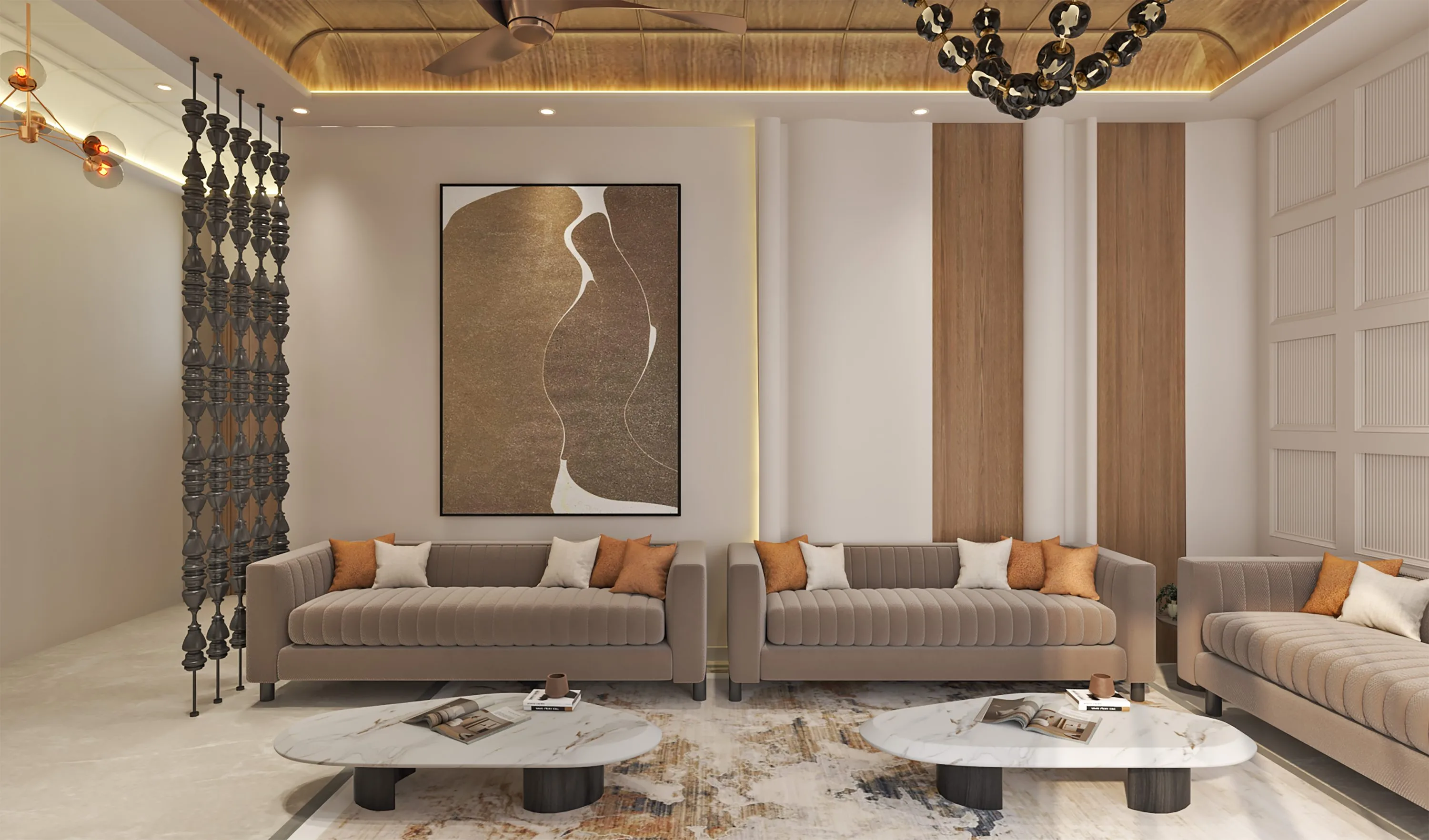 Twin sofas beneath a timber ceiling, with a gold-textured painting and a turned-wood screen