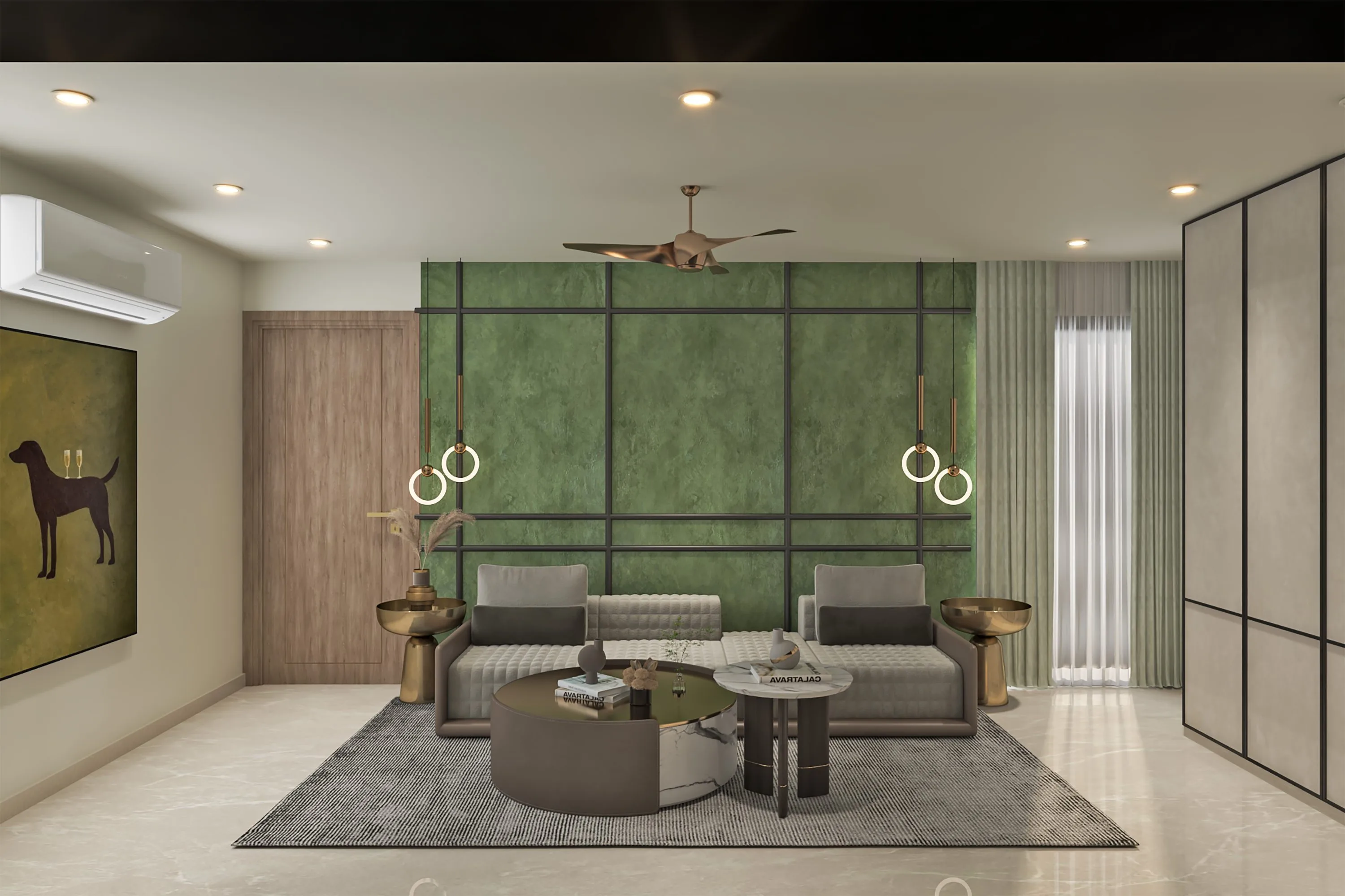 Den with a deep green panelled wall, brass pendant rings and a round marble coffee table