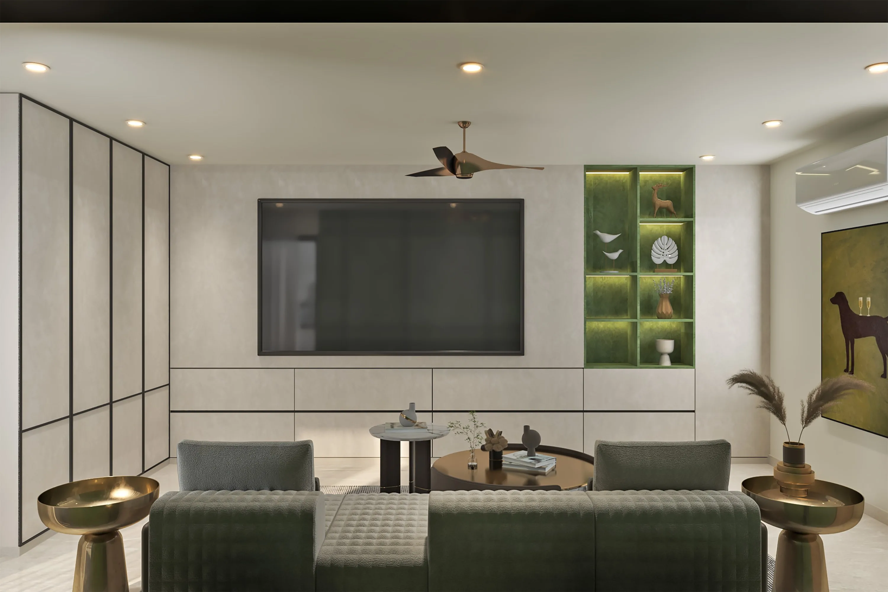 Den TV wall between glass-framed wardrobes, with a lit green display niche