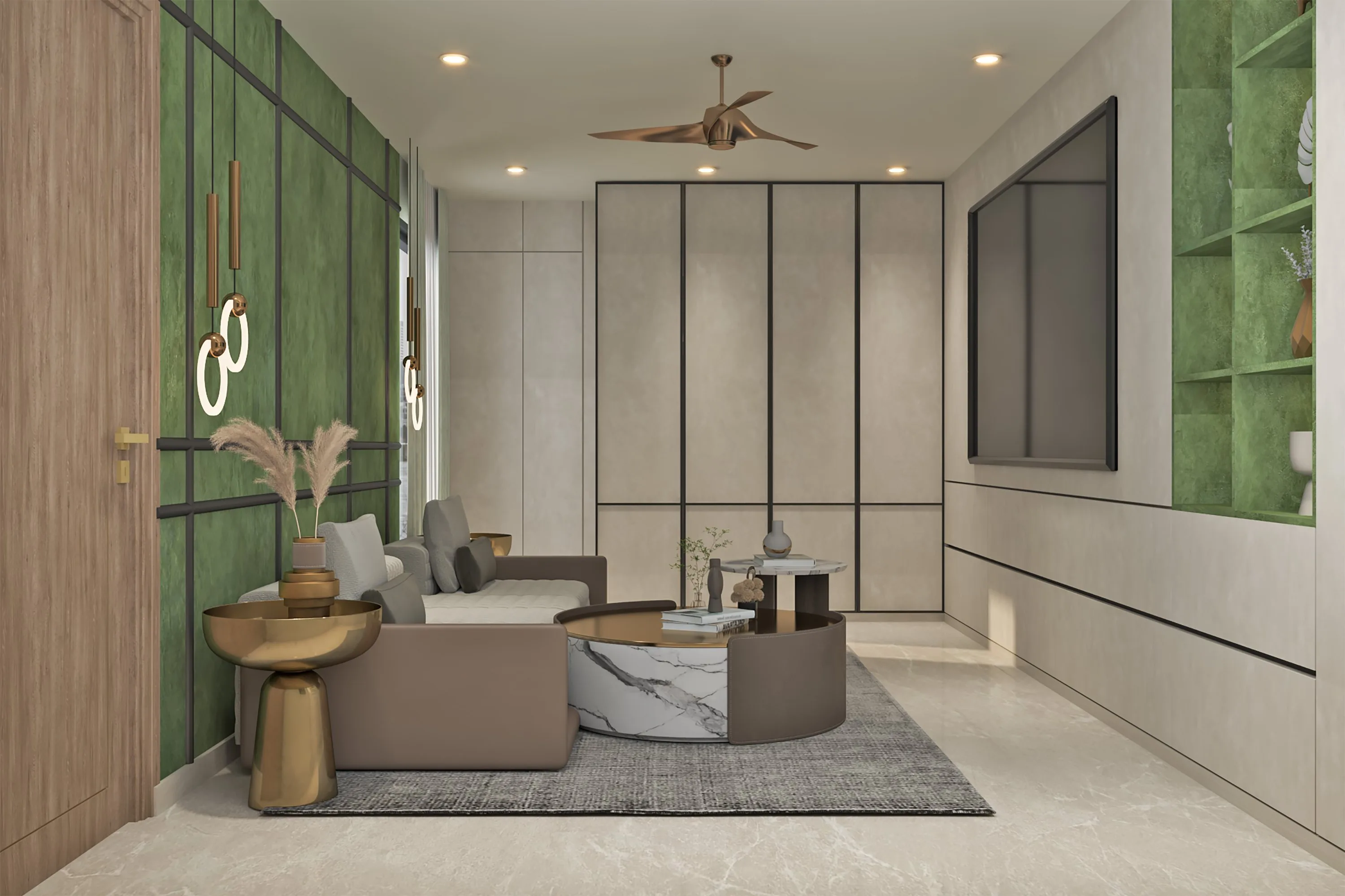 Den from the doorway: green panelled wall, brass side tables and a sofa facing the TV