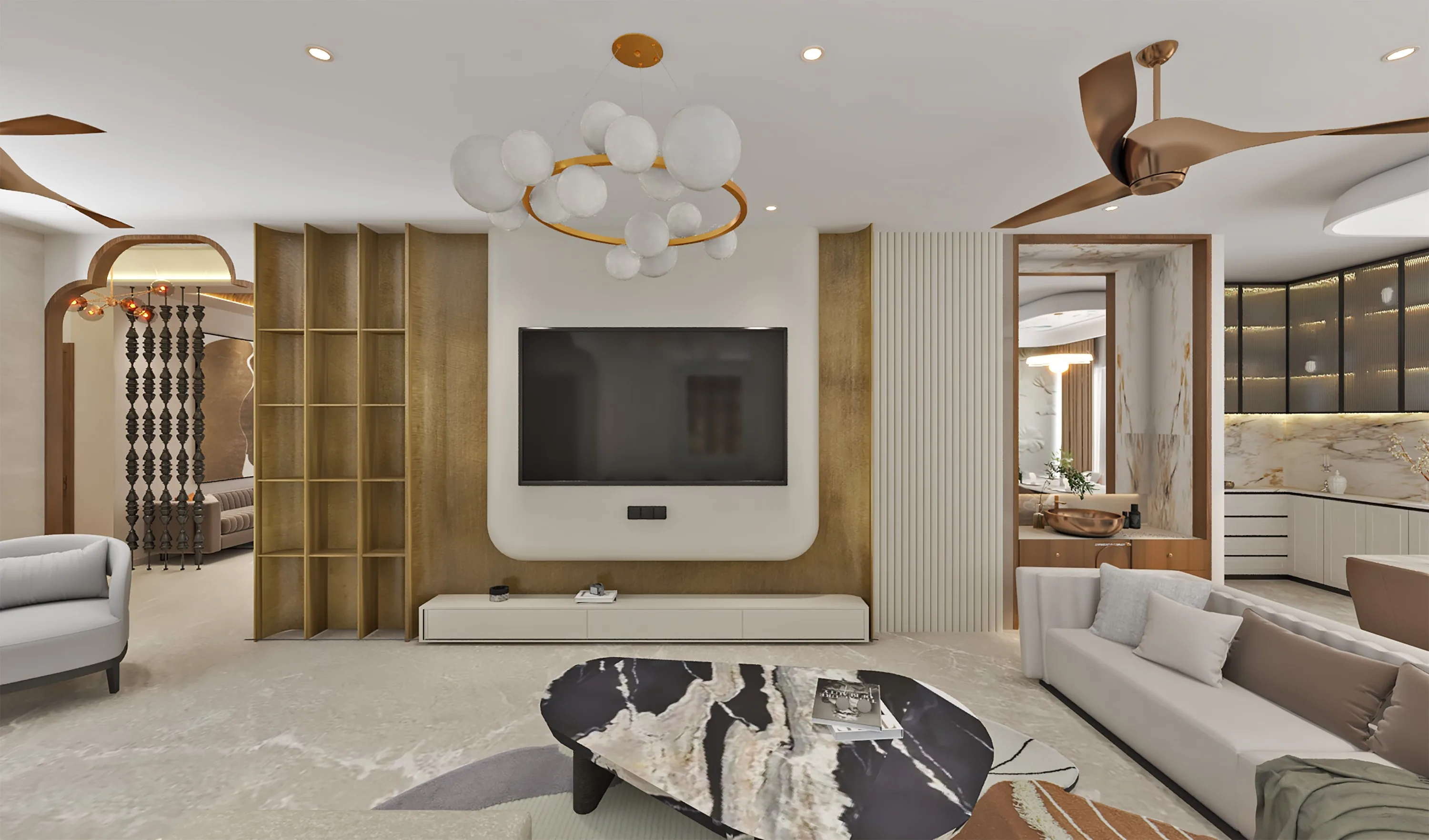 Lounge with a gold-framed TV wall, a bubble-globe chandelier and a marble coffee table