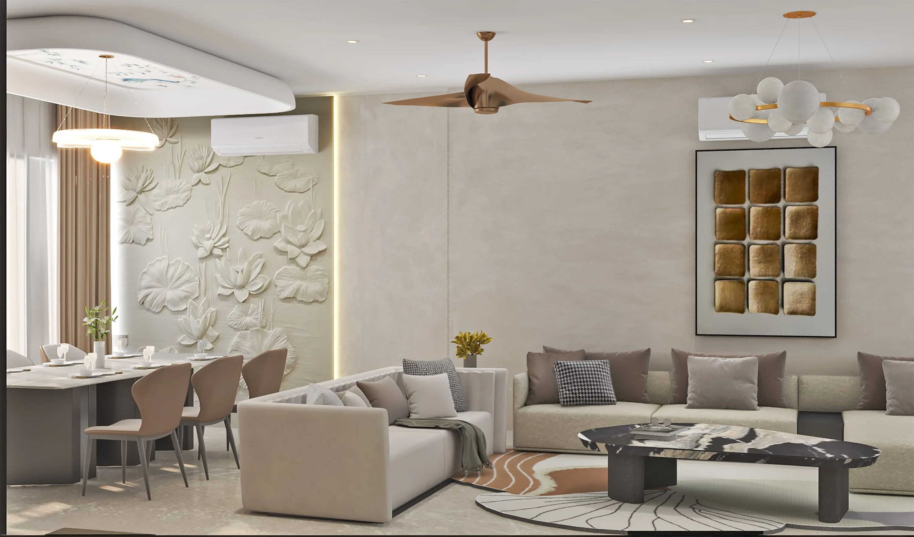 Dining and sitting area together, with a carved floral relief wall and a framed brass-tile artwork