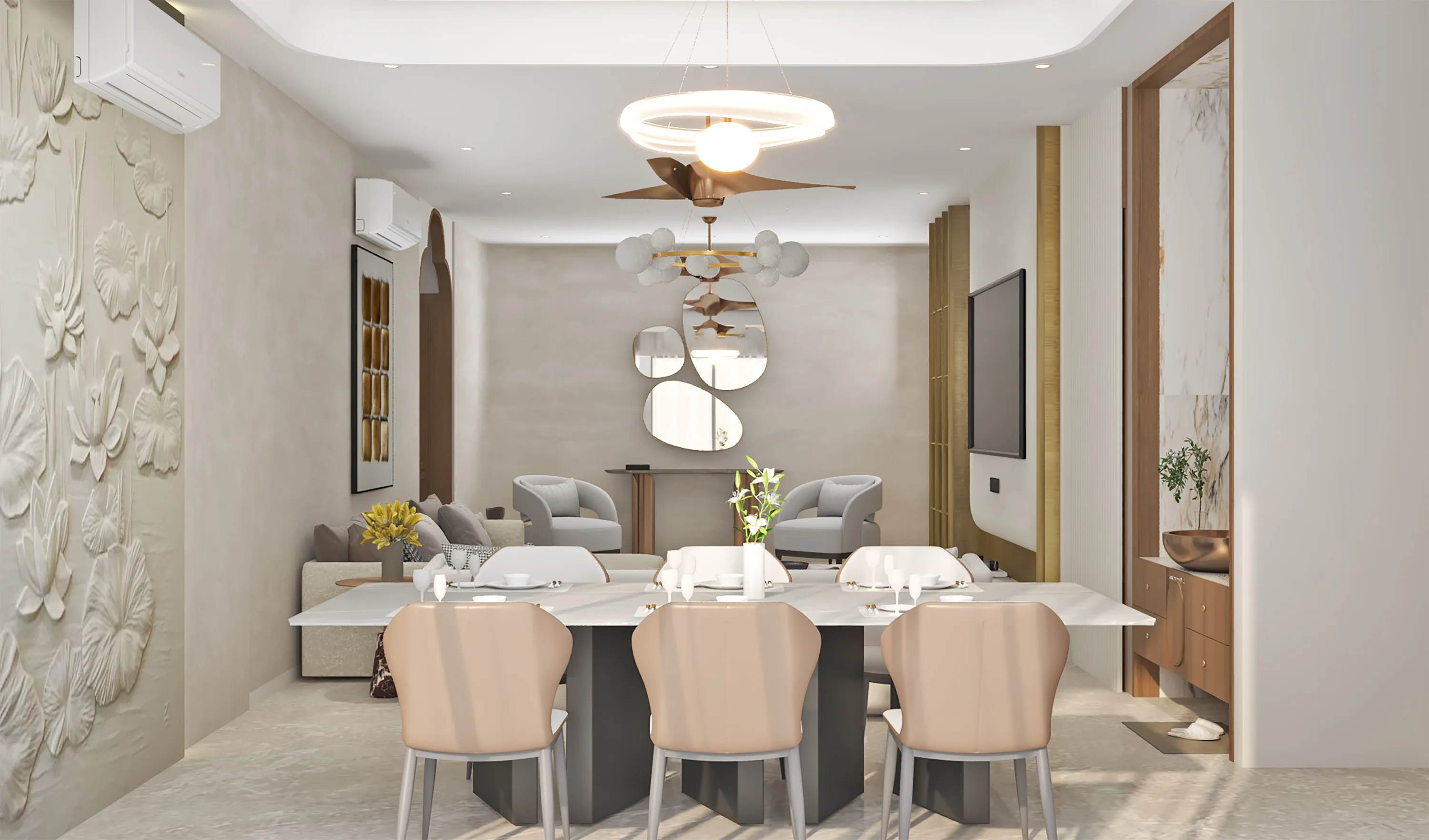 Dining room beneath a sculptural pendant, with a hand-carved floral relief wall behind