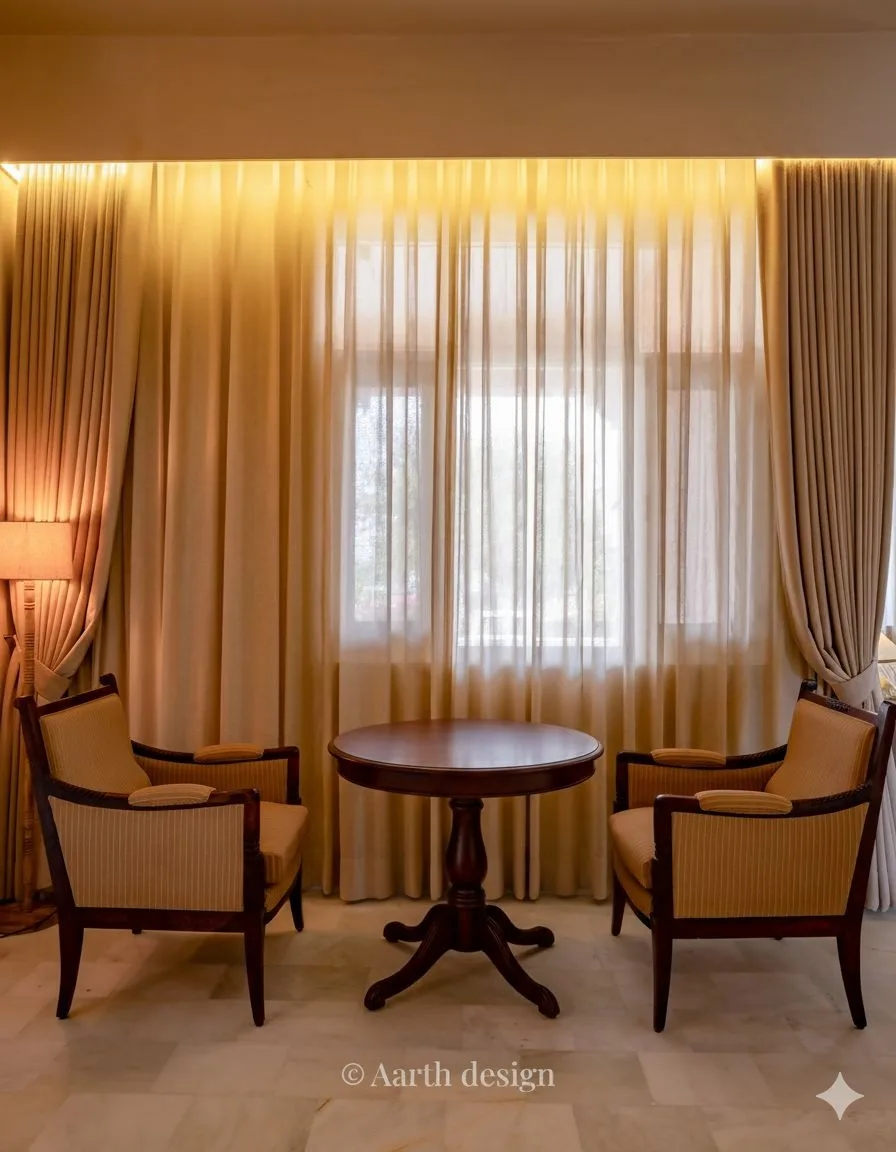 Cane chairs paired around a pedestal table beneath sheer curtains