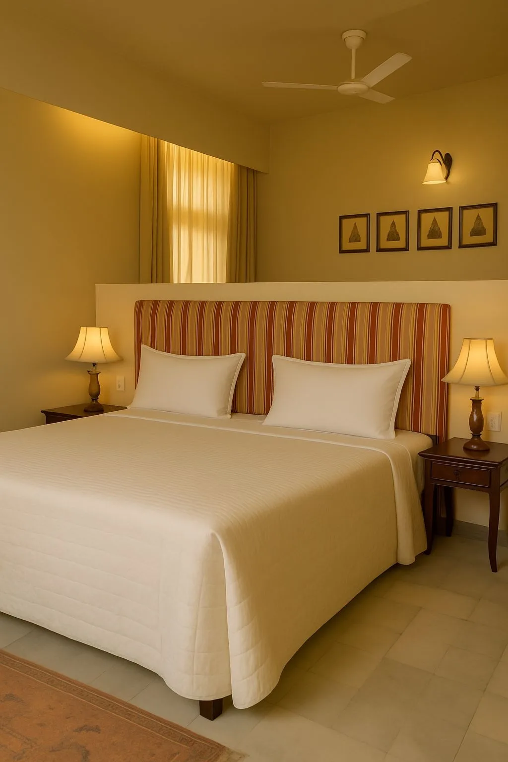Guest bedroom with a striped headboard and paired bedside lamps