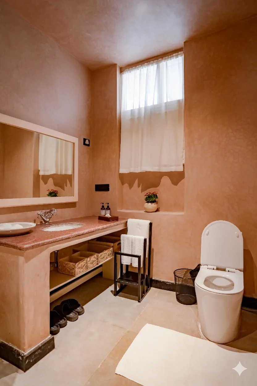 Bathroom in warm terracotta plaster with a granite-topped vanity
