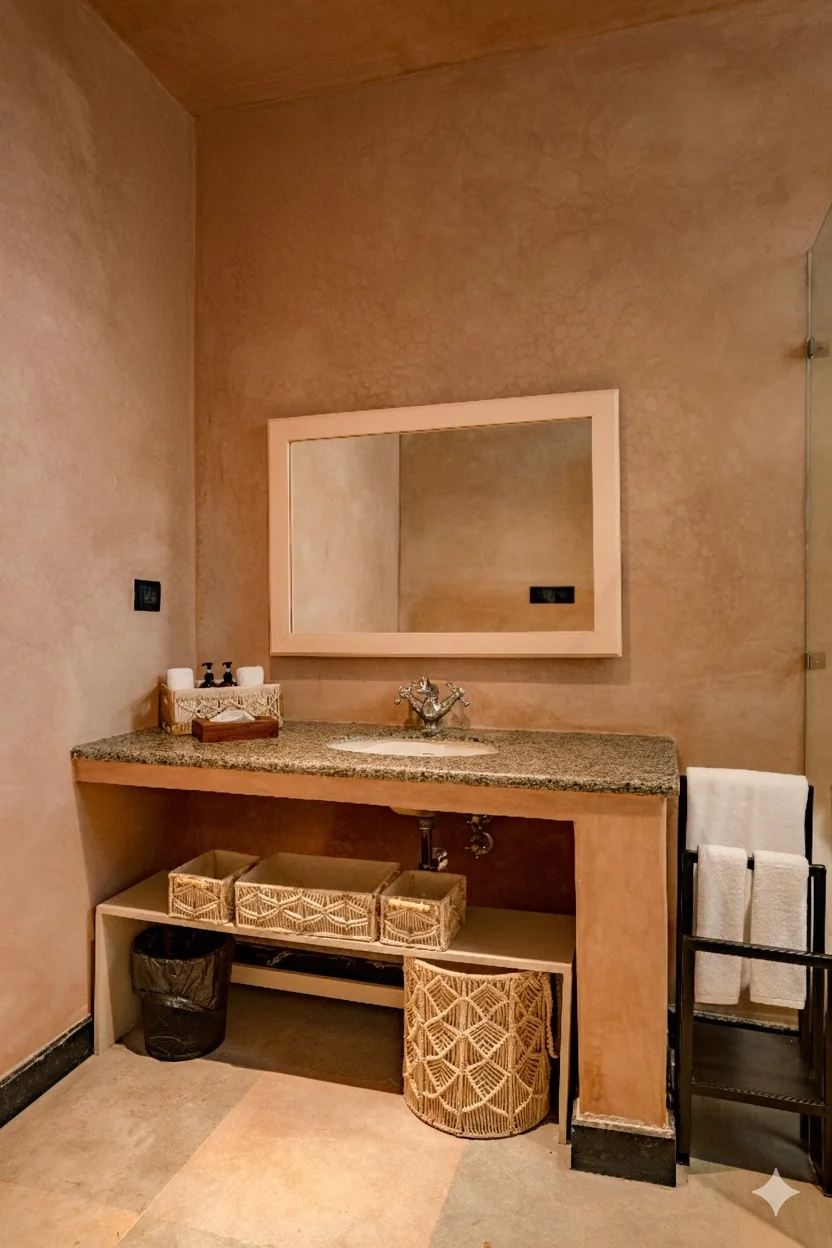 Vanity detail with a carved mirror, granite counter and woven baskets