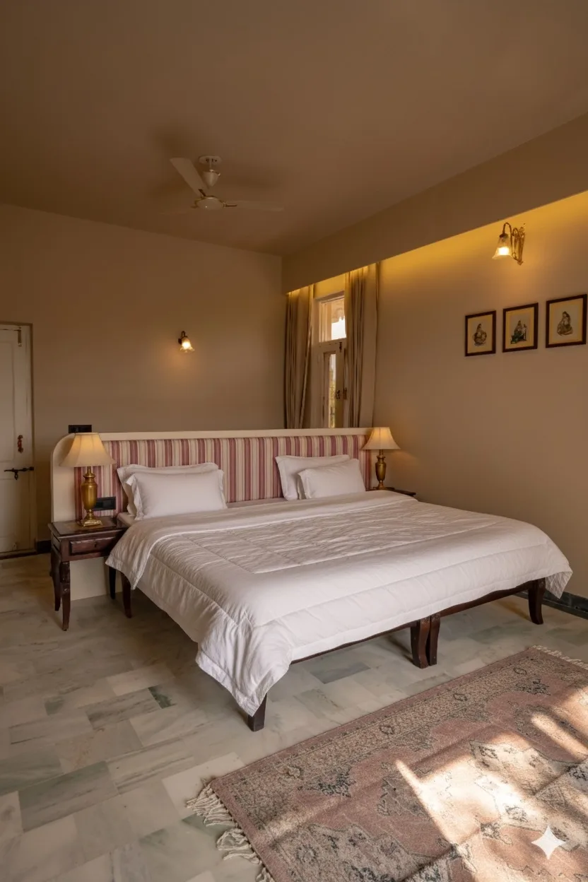 Bedroom with a striped headboard, twin brass lamps and marble flooring