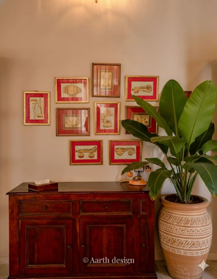 Entrance console with a gallery of framed miniature instrument prints and a potted banana plant