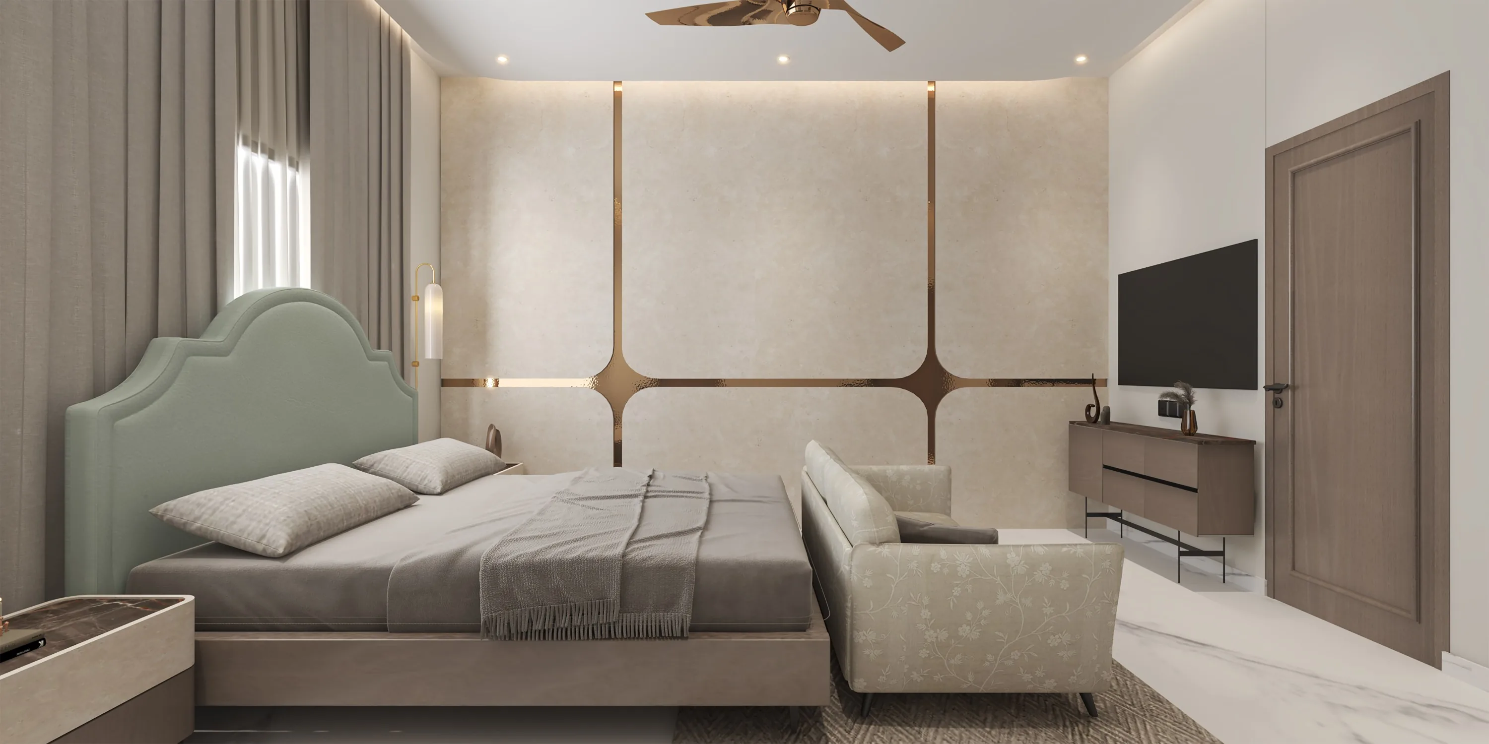 Bedroom seating nook beside the bronze cross-inlaid marble wall