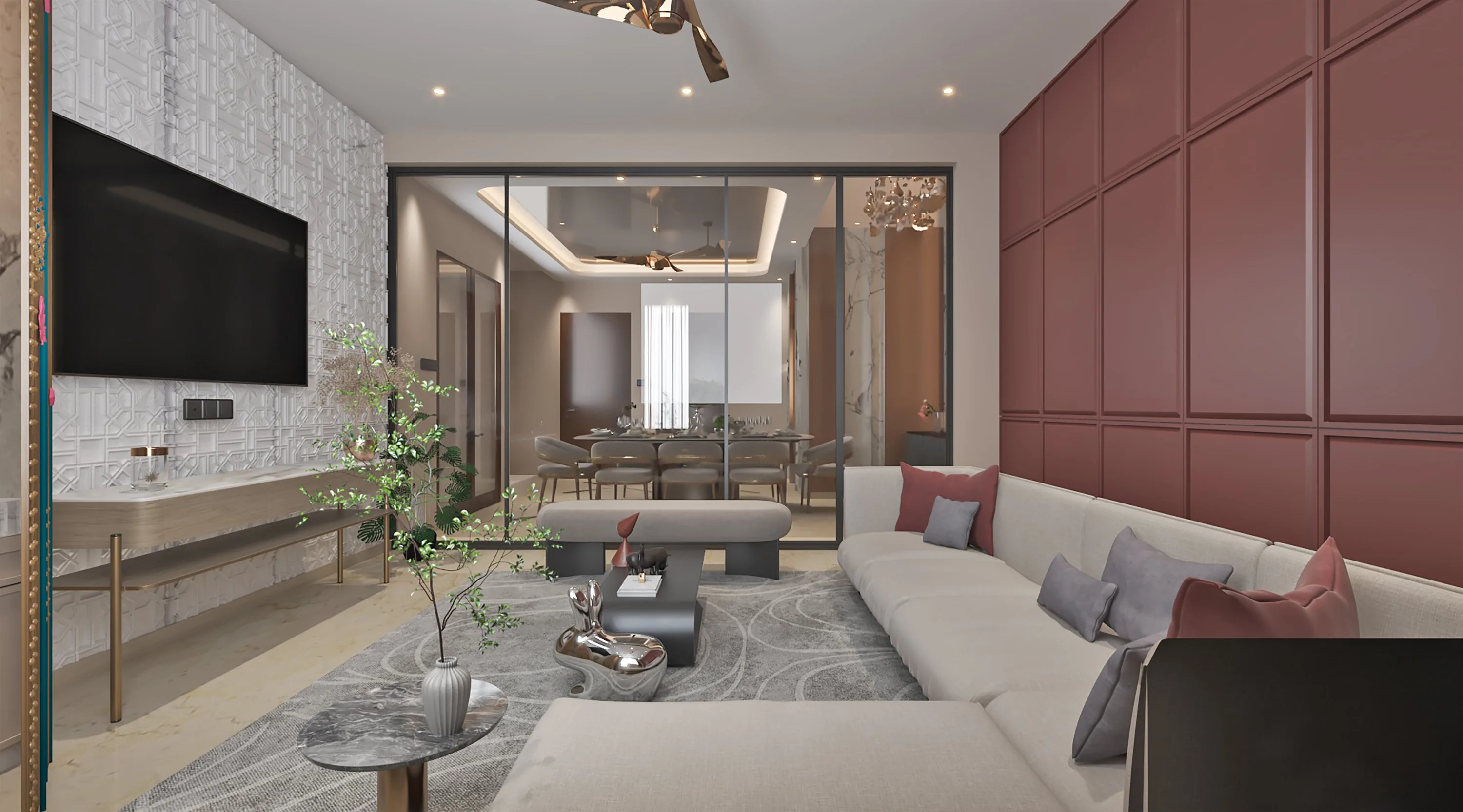 Sitting room seen through a glass partition, with a red panelled wall beyond