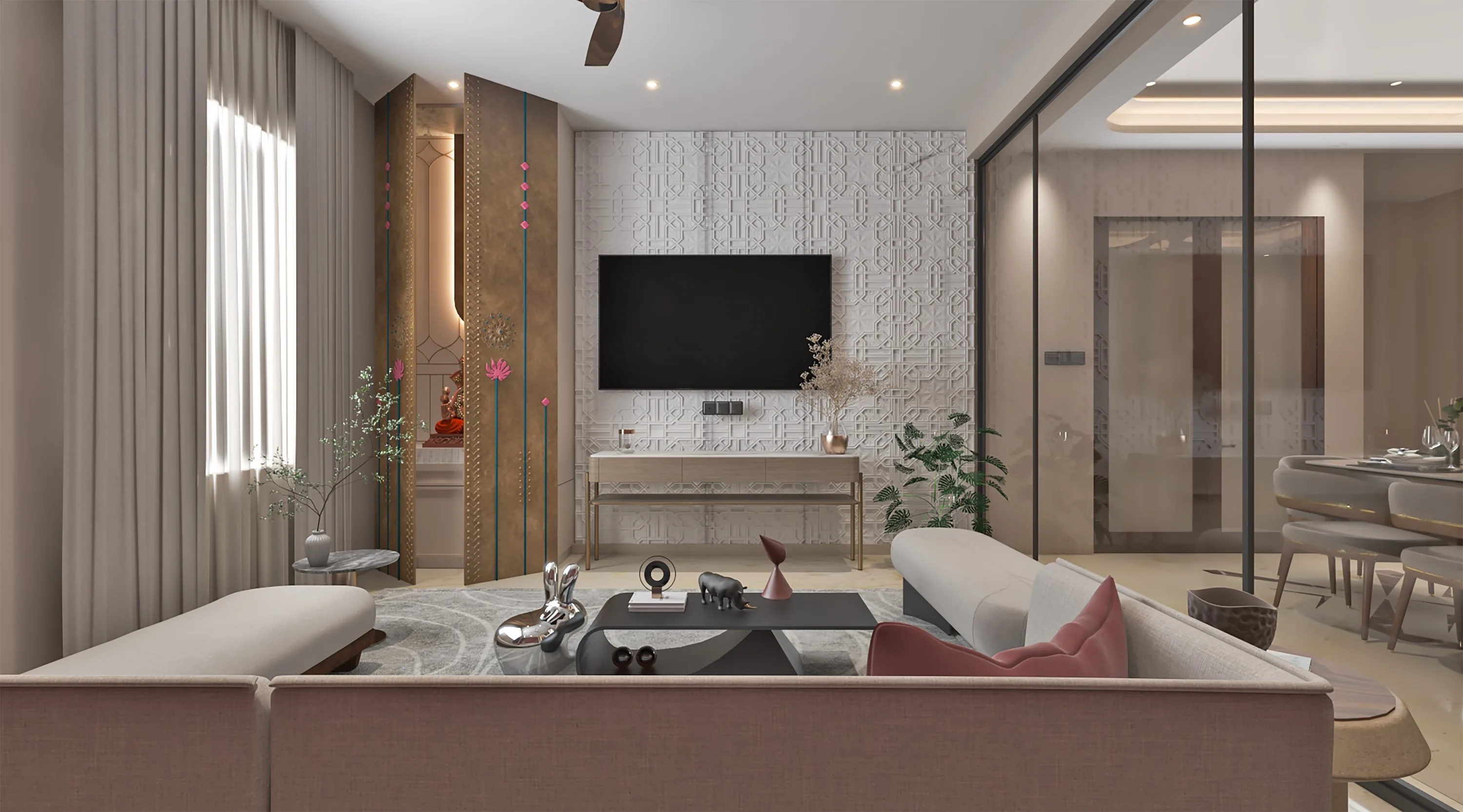 Living room with a carved shrine niche beside a textured white feature wall