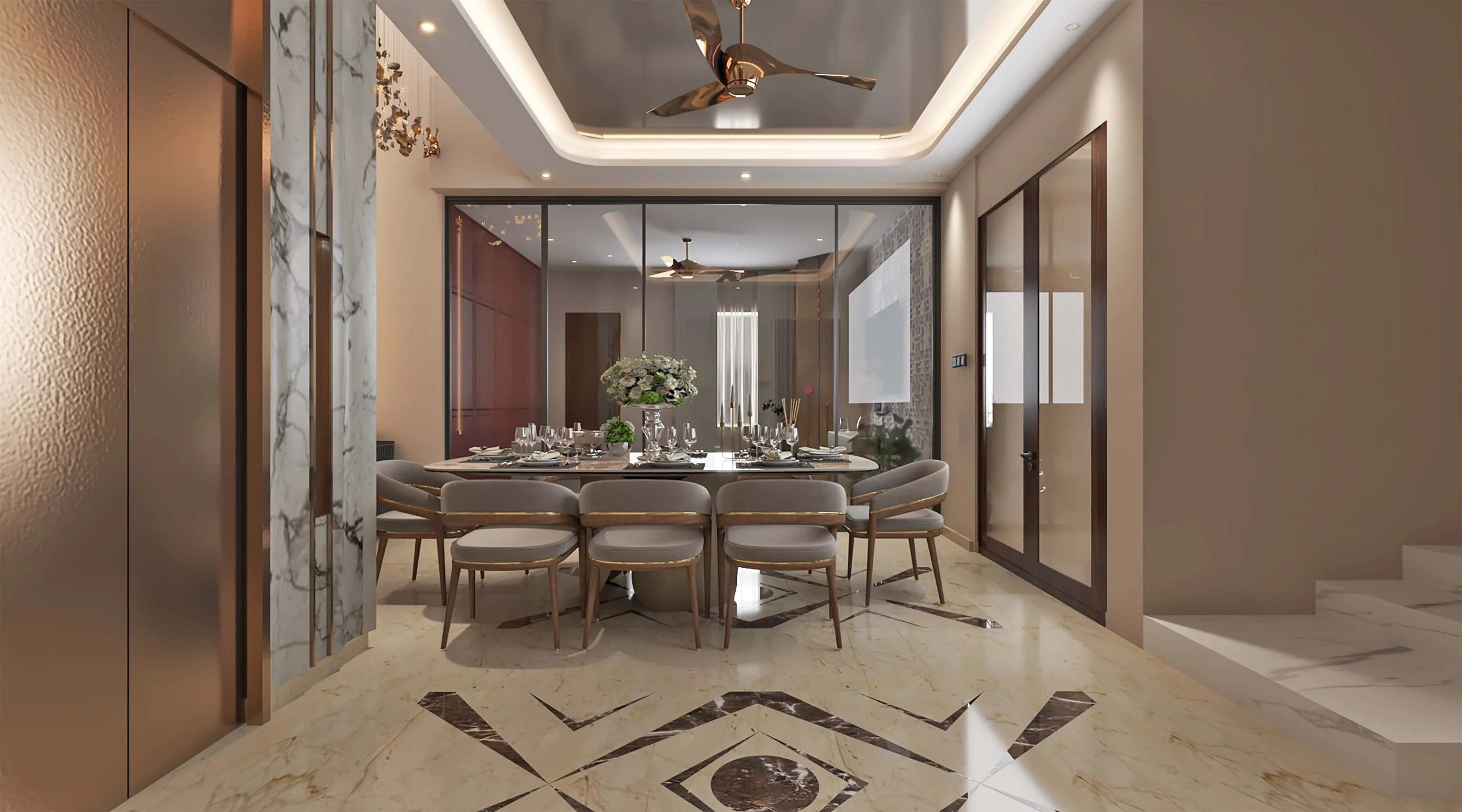 Bedroom with a travertine feature wall and a floating walnut TV console