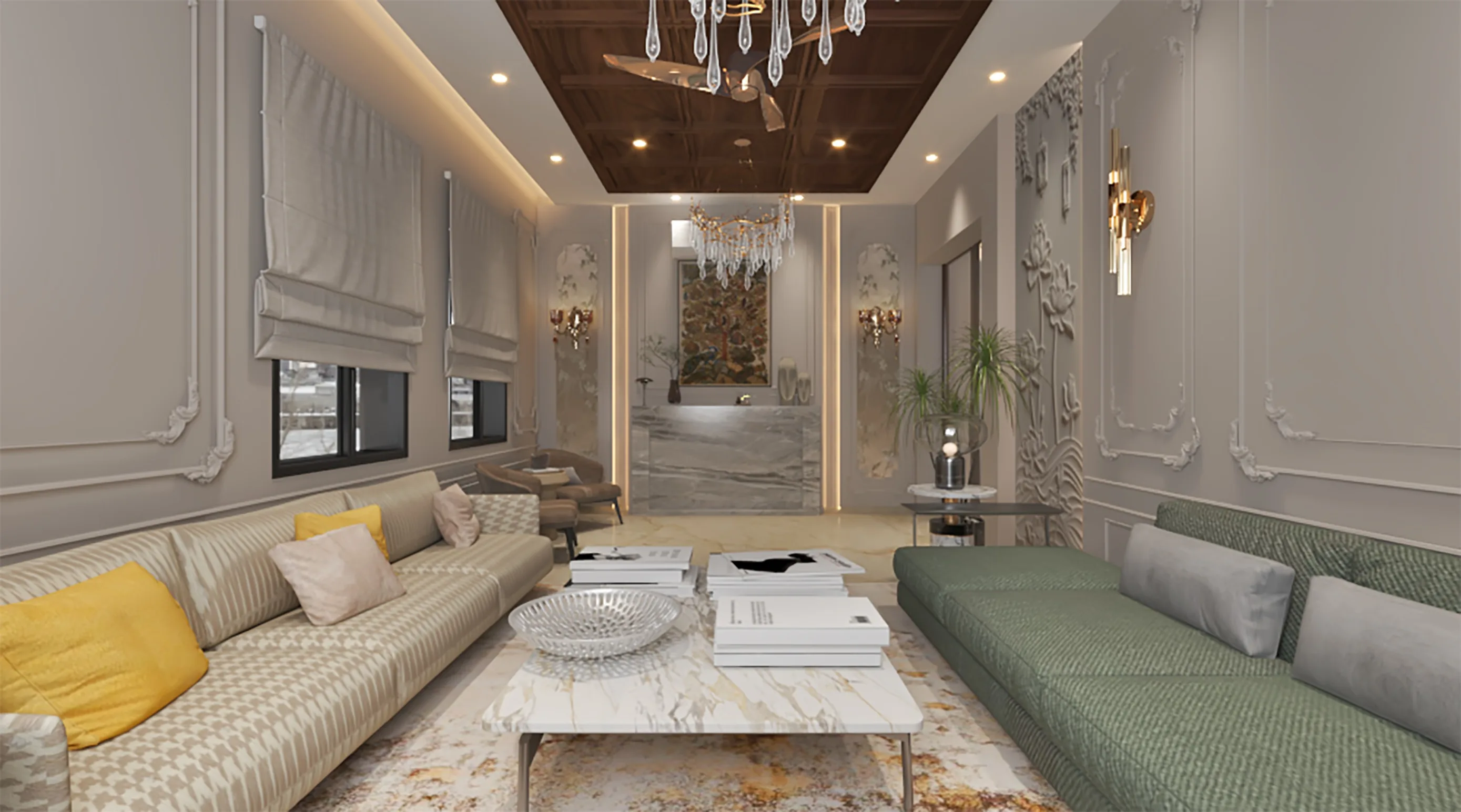 Stone-walled lounge with a terrazzo bar and a red jaali screen