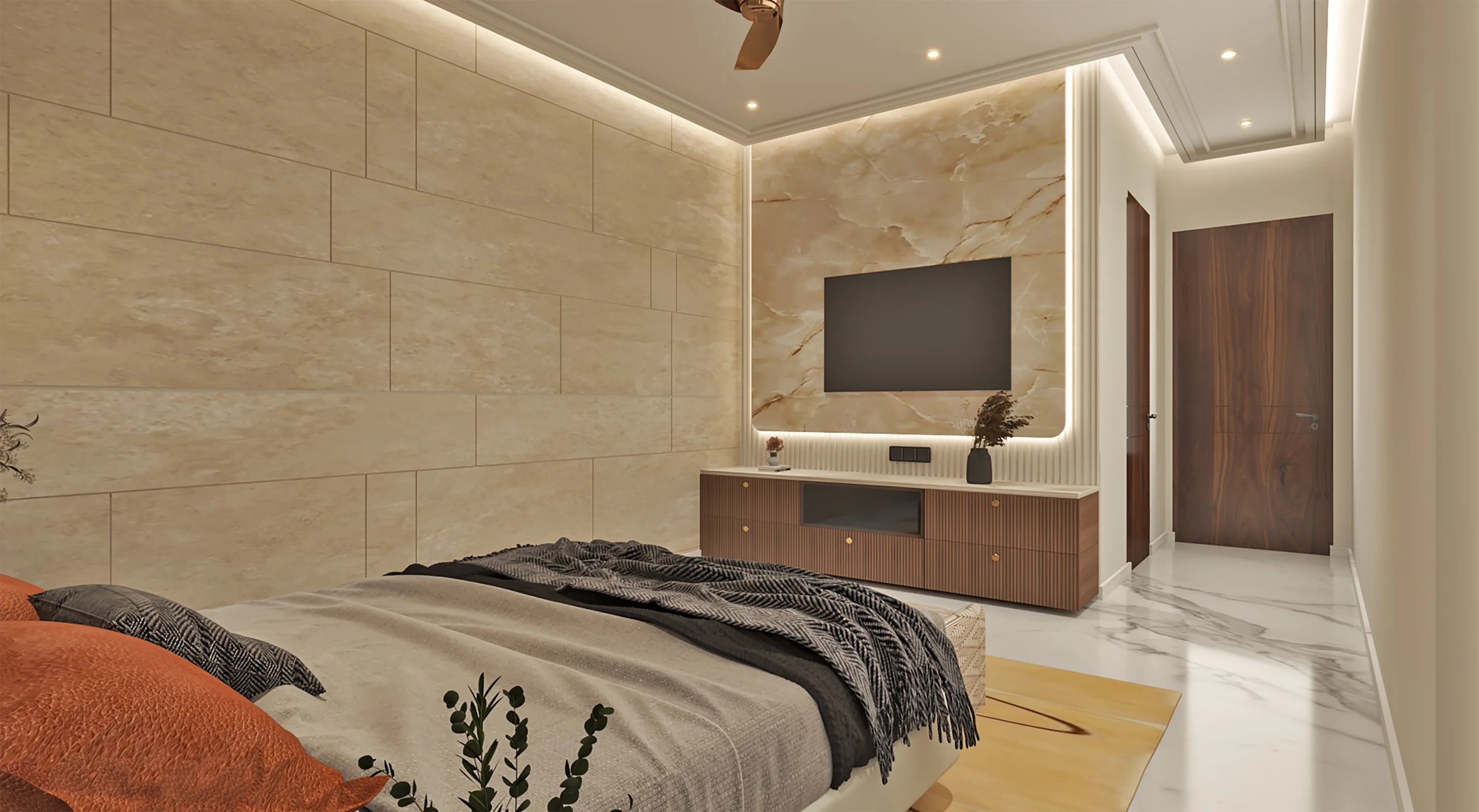 Bedroom with a book-matched onyx TV wall and a walnut console