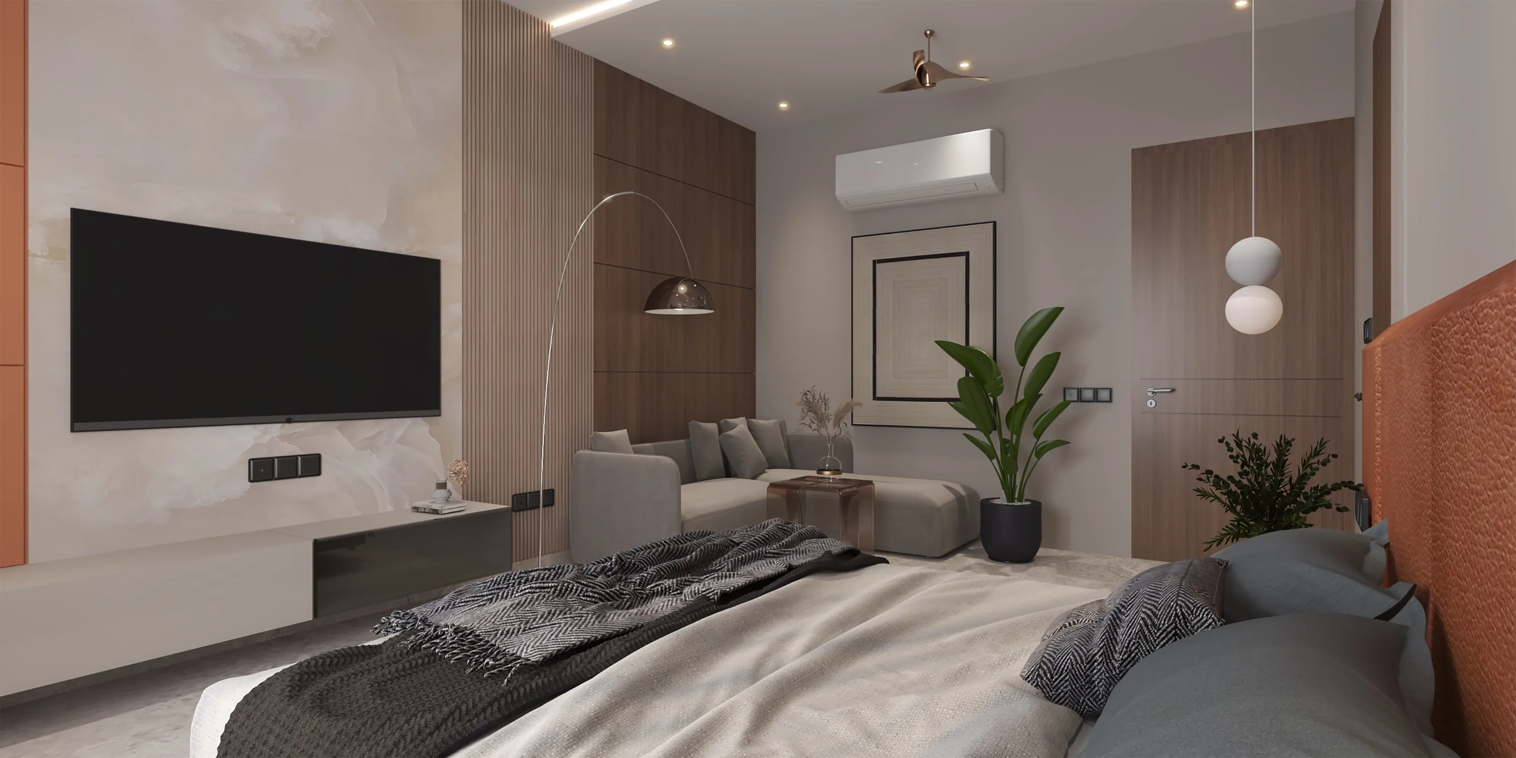 Bedroom with a russet leather headboard and a floating TV console on onyx