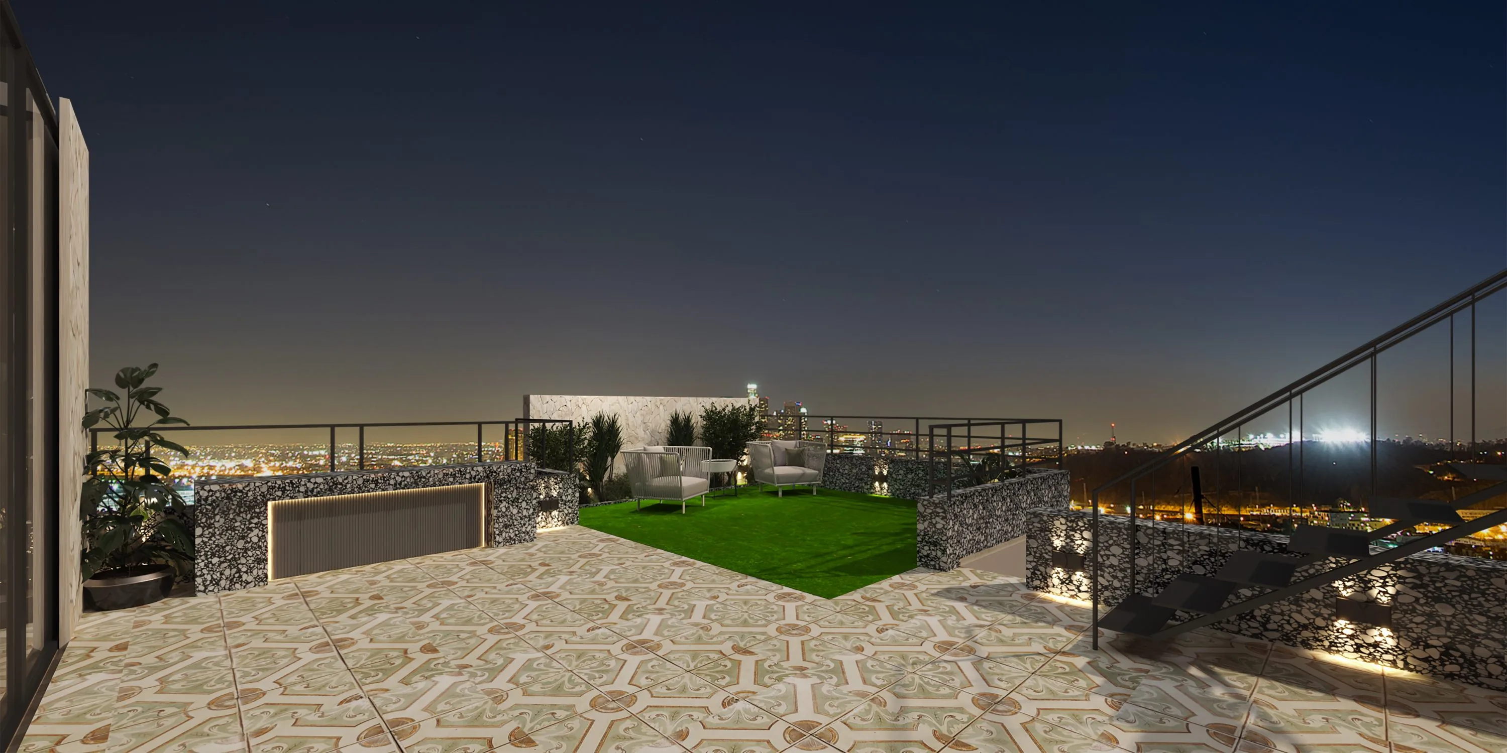Rooftop terrace with artificial lawn, lounge seating and the city skyline at night