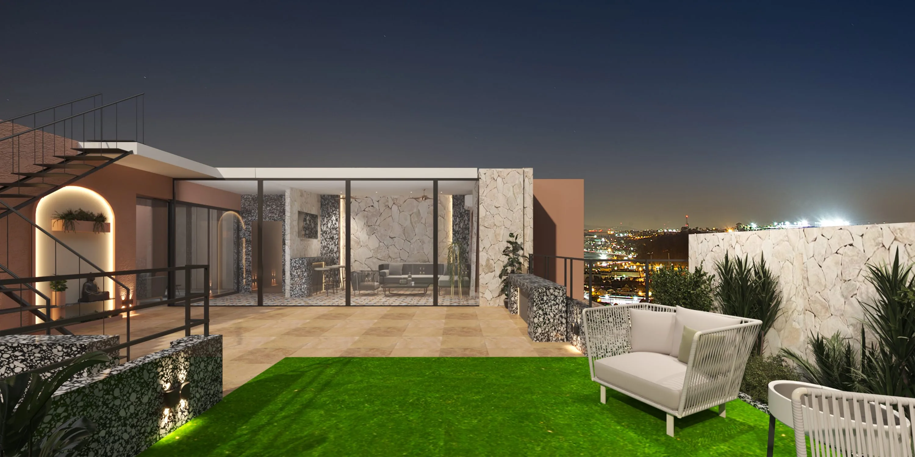 Rooftop terrace pavilion in glass and stone, terrazzo bar visible through the glazing