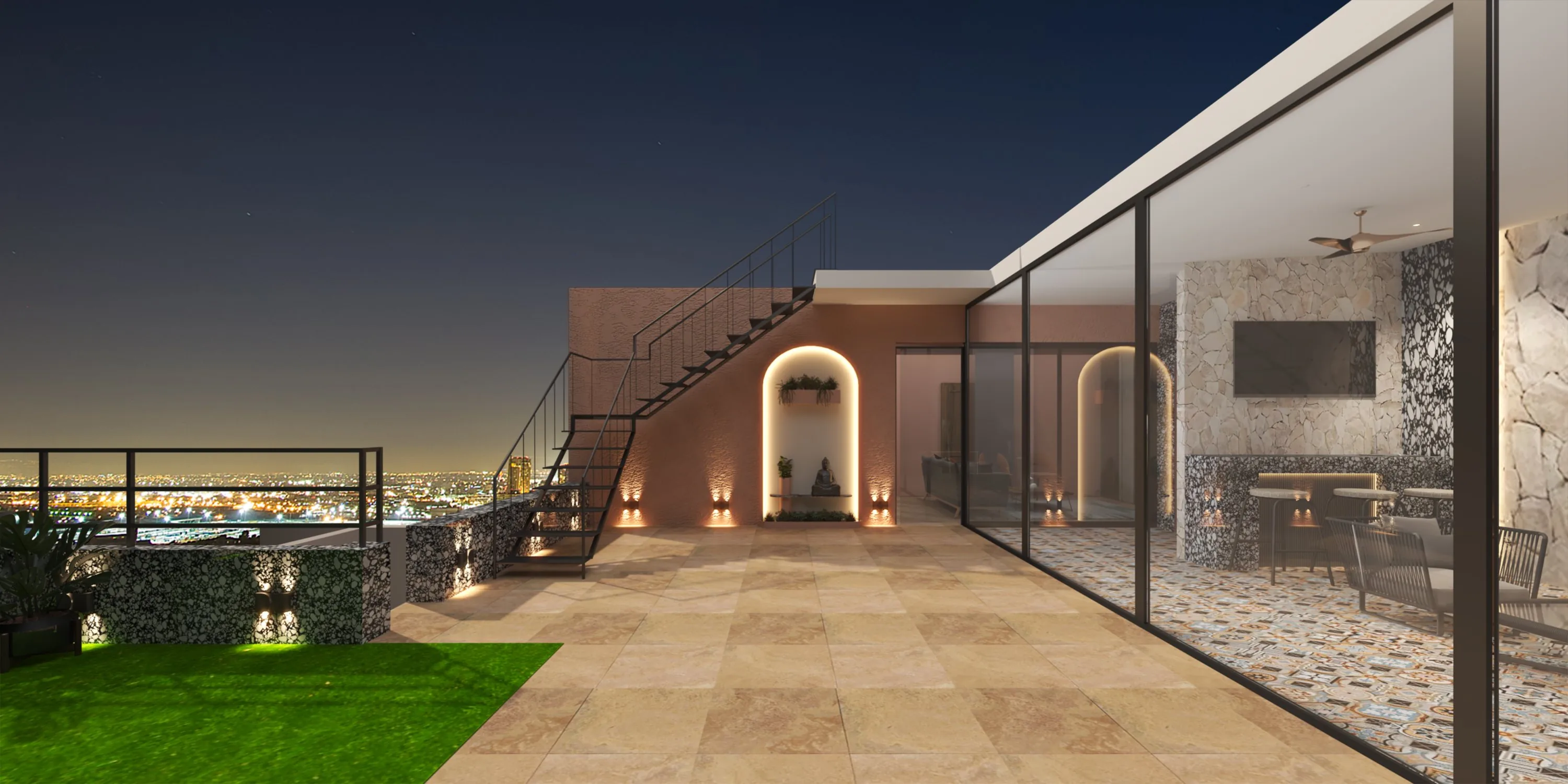 Rooftop staircase beside a stone archway shrine niche, city lights beyond