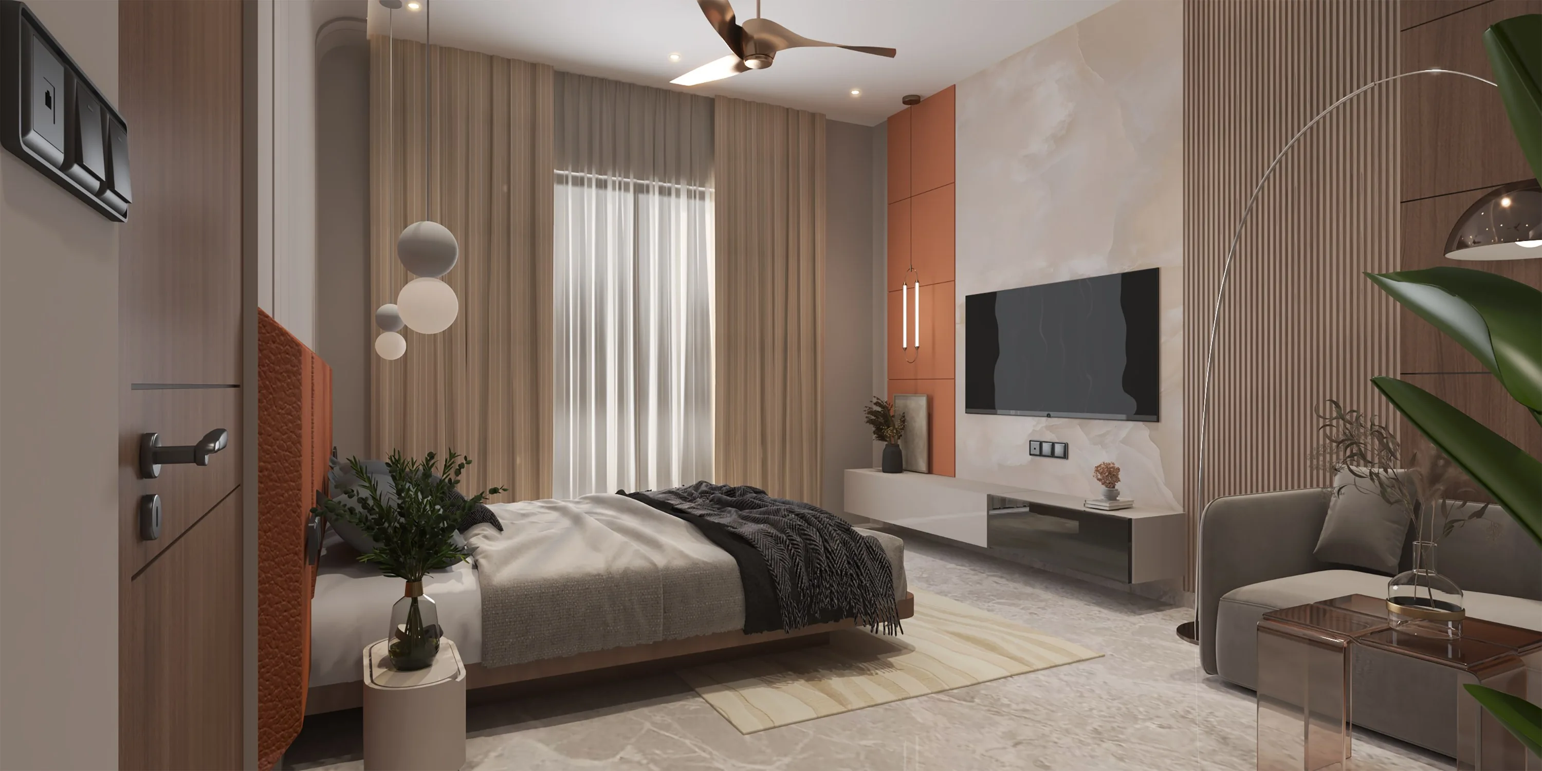 Bedroom corner with pendant lighting and a runner rug
