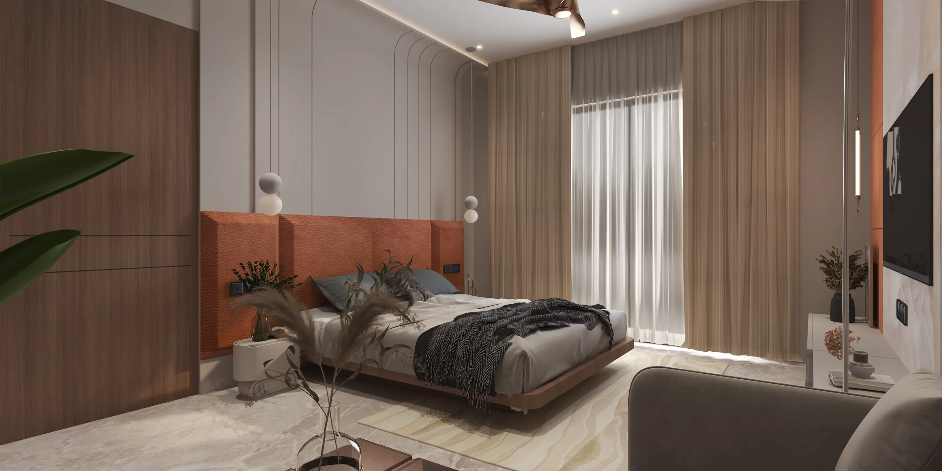 Bedroom with a slatted wood headboard wall and a built-in study desk