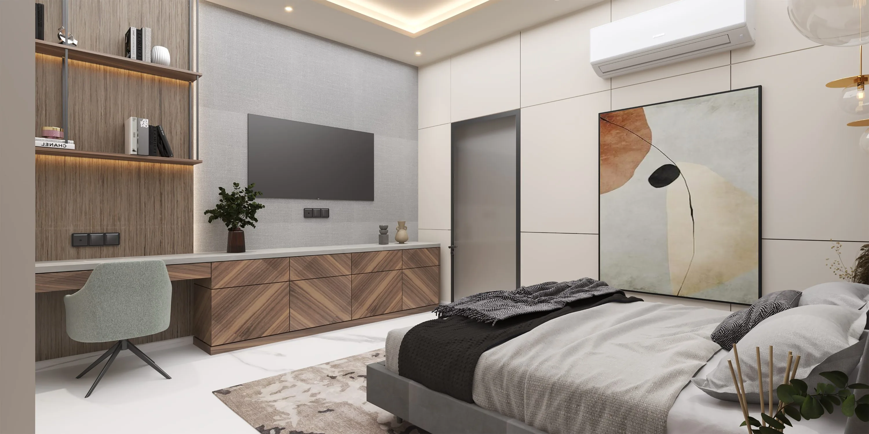 Bedroom with a grey upholstered headboard and an abstract canvas