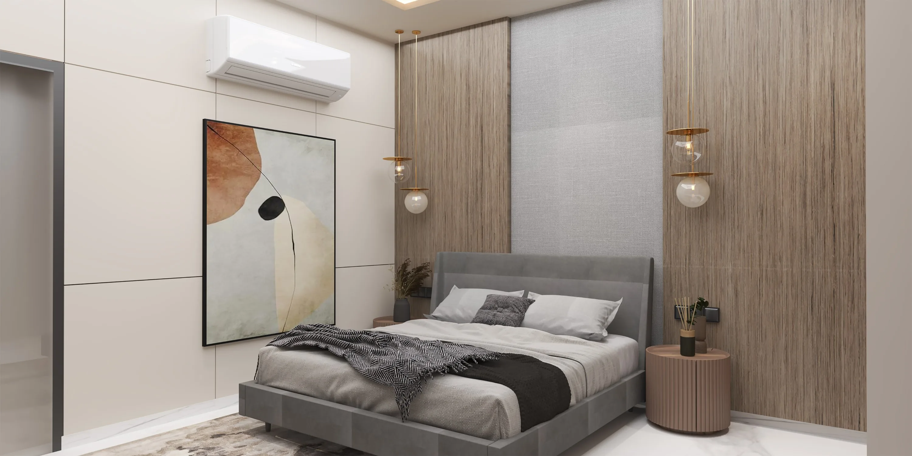 Bedroom with a sage scalloped headboard against a bronze cross-inlaid wall